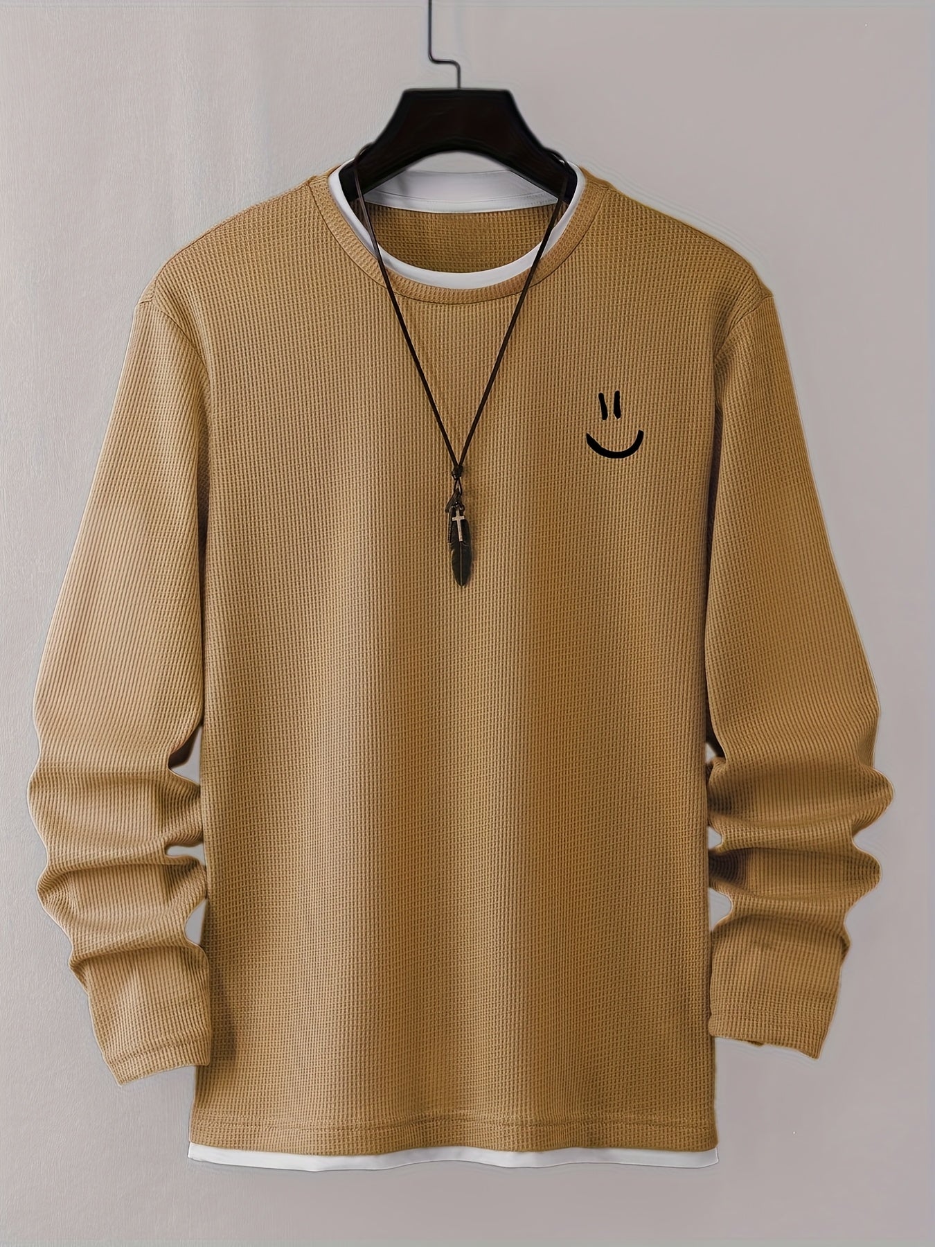 Stylish Cartoon joyful Print Comfortable Sweat-Absorbing Waffle Knit Men's Casual Long Sleeve T-Shirt