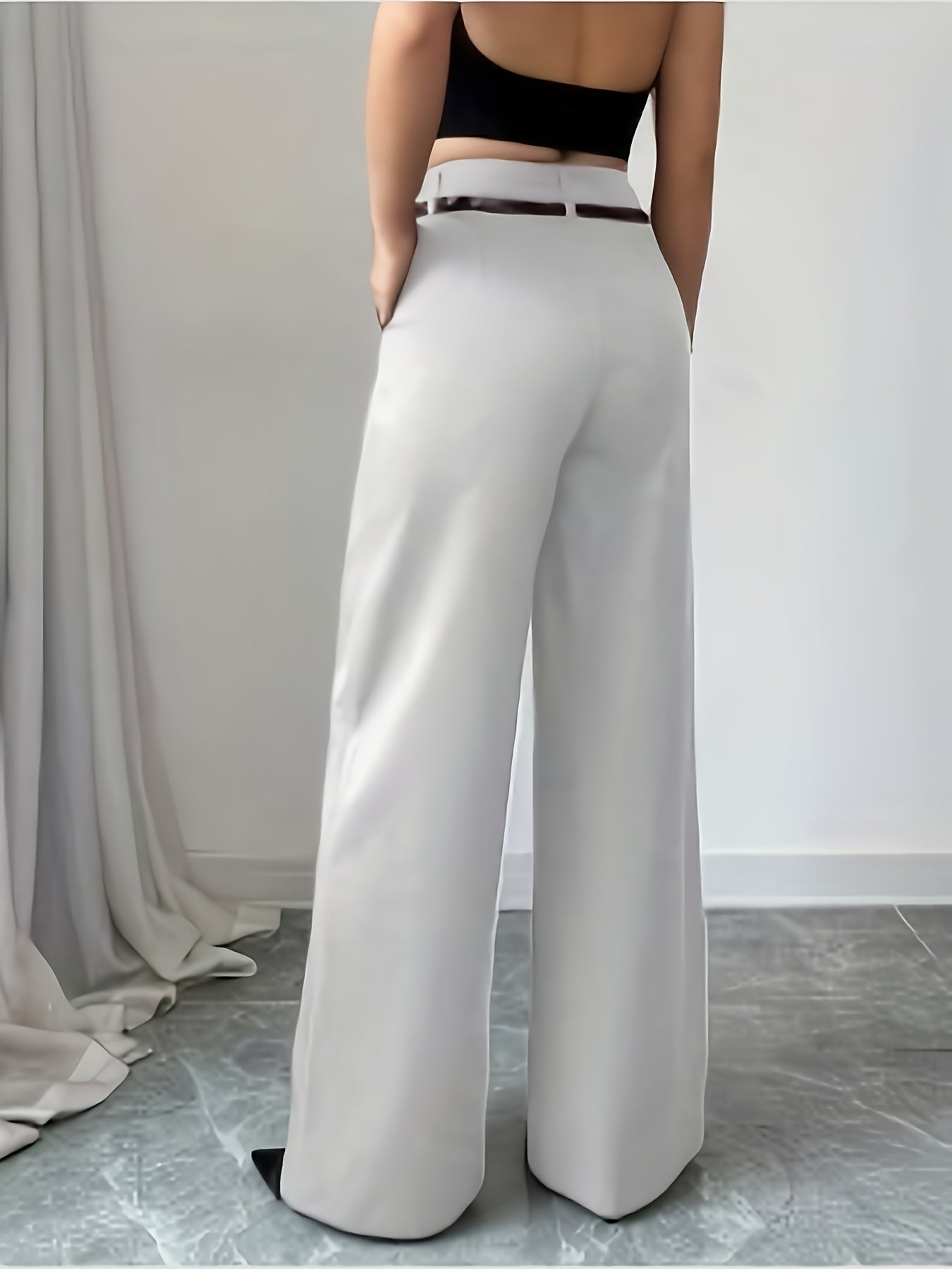 Pantalon Femme Noir Chic – Jambe Droite Taille Haute avec Ceinture Vintage, Bureau et Décontracté, Printemps/Été/Automne