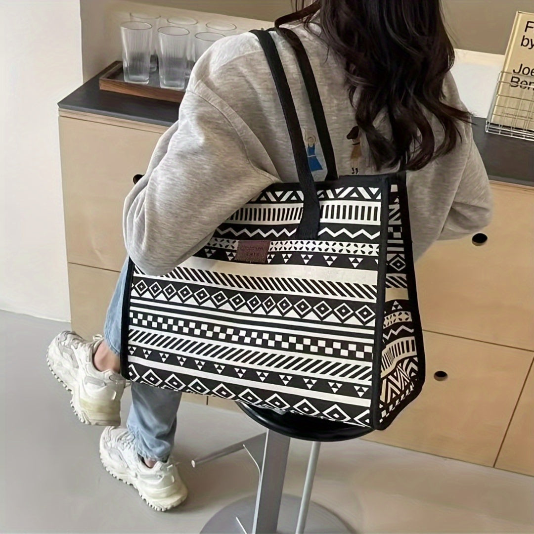 Sac Cabas en Toile Géométrique d’Inspiration Vintage pour Femmes – Grande Capacité, Portable avec Fermeture Éclair, Lavable à la Main, Design Stylé et Motifs, Sac Cabas Quotidien | Design Vintage | Fermeture Éclair, Sac Cabas