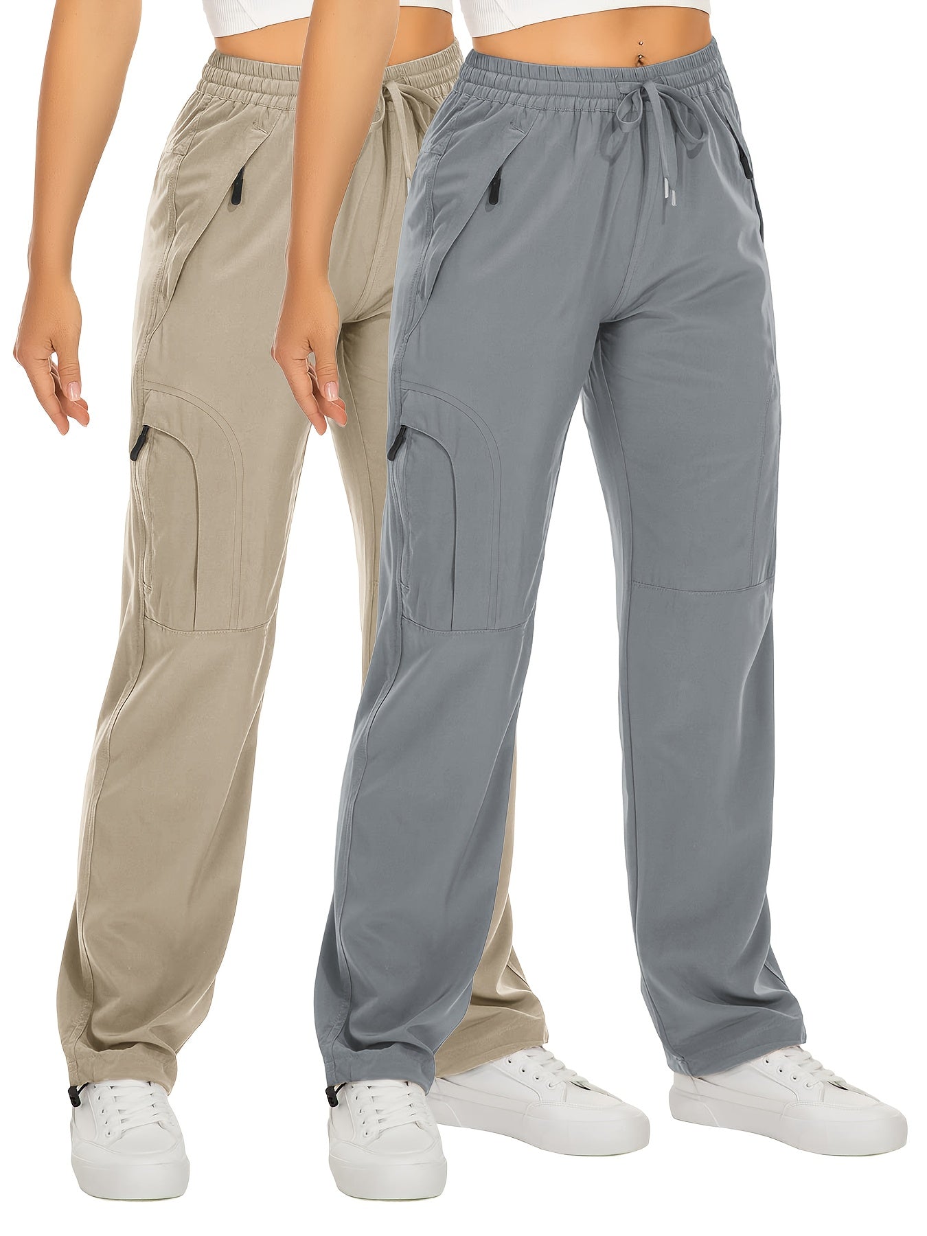 Lot de 2 Pantalons Cargo Femme – Poches Zippées, Tissu Respirant et Séchant Rapidement, Extensible, Automne, Noir et Blanc