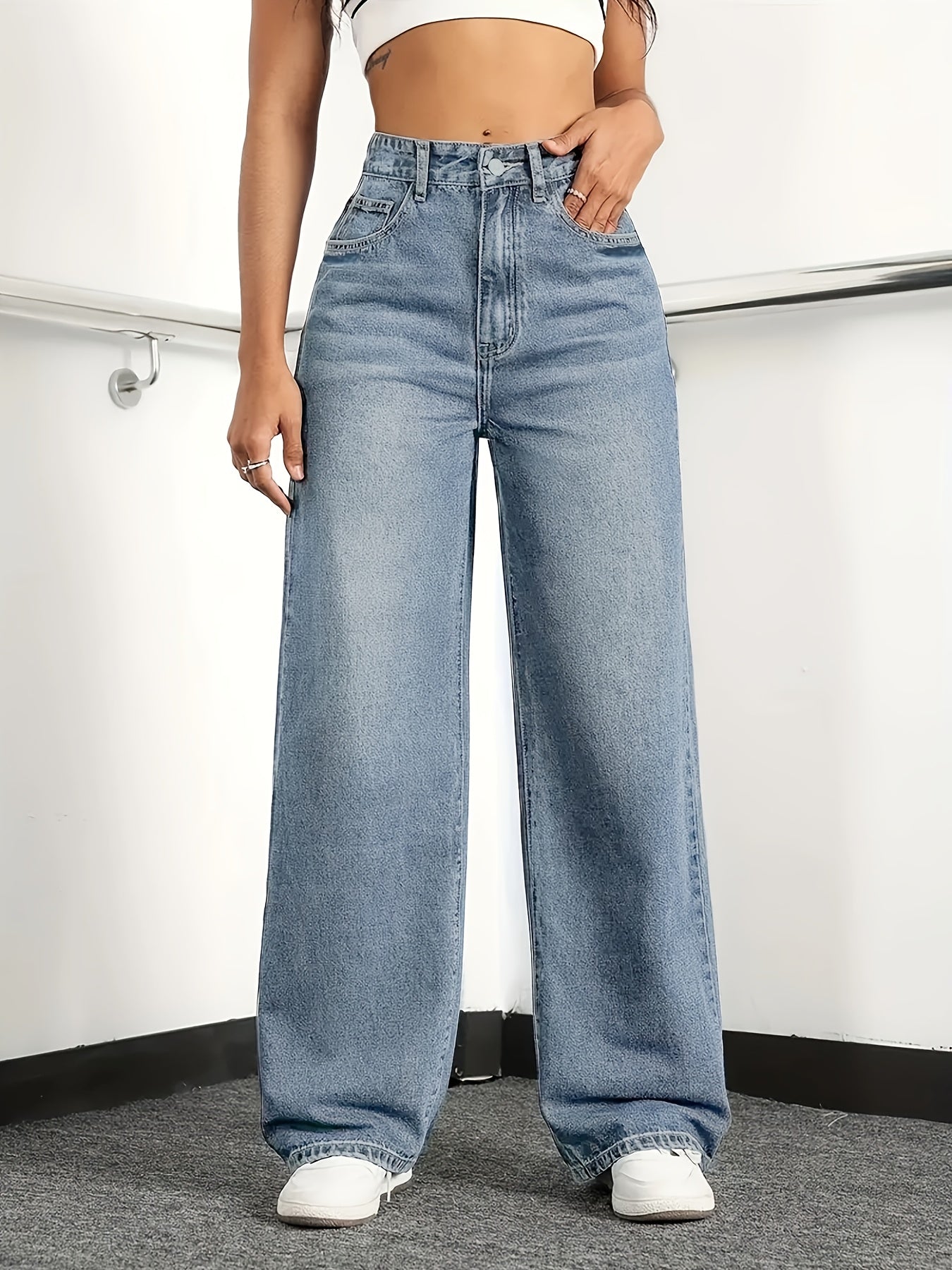Jeans Femme Taille Haute Coupe Droite – Bleu Clair, Confortable, Style Décontracté Élégant, Toutes Saisons