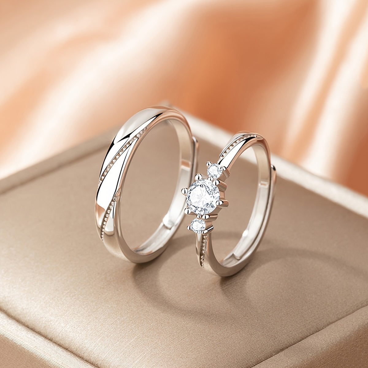 Set of 2 Cubic Synthetic Zircon Engagement Rings, Silver Plated Wedding Proposal Jewelry for Women, Promise Ring, Engagement Ring, Eternity Ring, Wedding