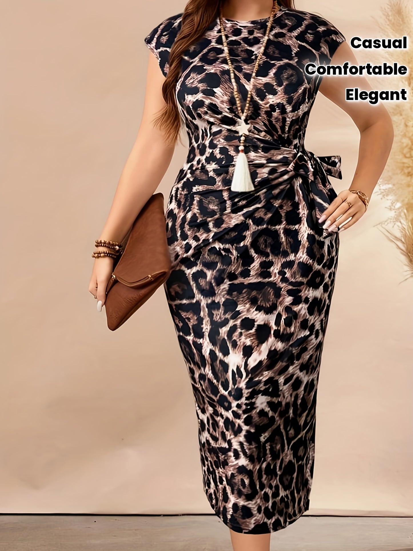 Robe rayée élégante grande taille femme – sans manches, détail twist à l’avant, col rond décontracté, stretch moyen, manches courtes, imprimé léopard, automne/hiver, tenue décontractée et élégante, confortable