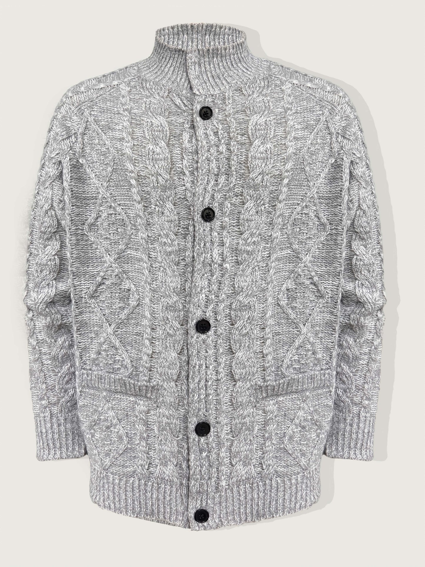 Men's casual sports sweater, solid color chunky knit cardigan with a relaxed stand-up collar design, crafted from thick knitted fabric for a textured and dimensional look. Features single-breasted buttons and pocket details,