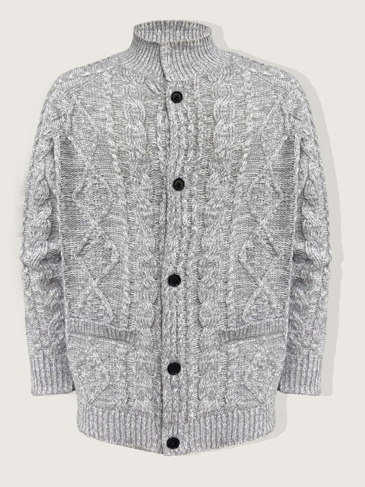 Men's casual sports sweater, solid color chunky knit cardigan with a relaxed stand-up collar design, crafted from thick knitted fabric for a textured and dimensional look. Features single-breasted buttons and pocket details,