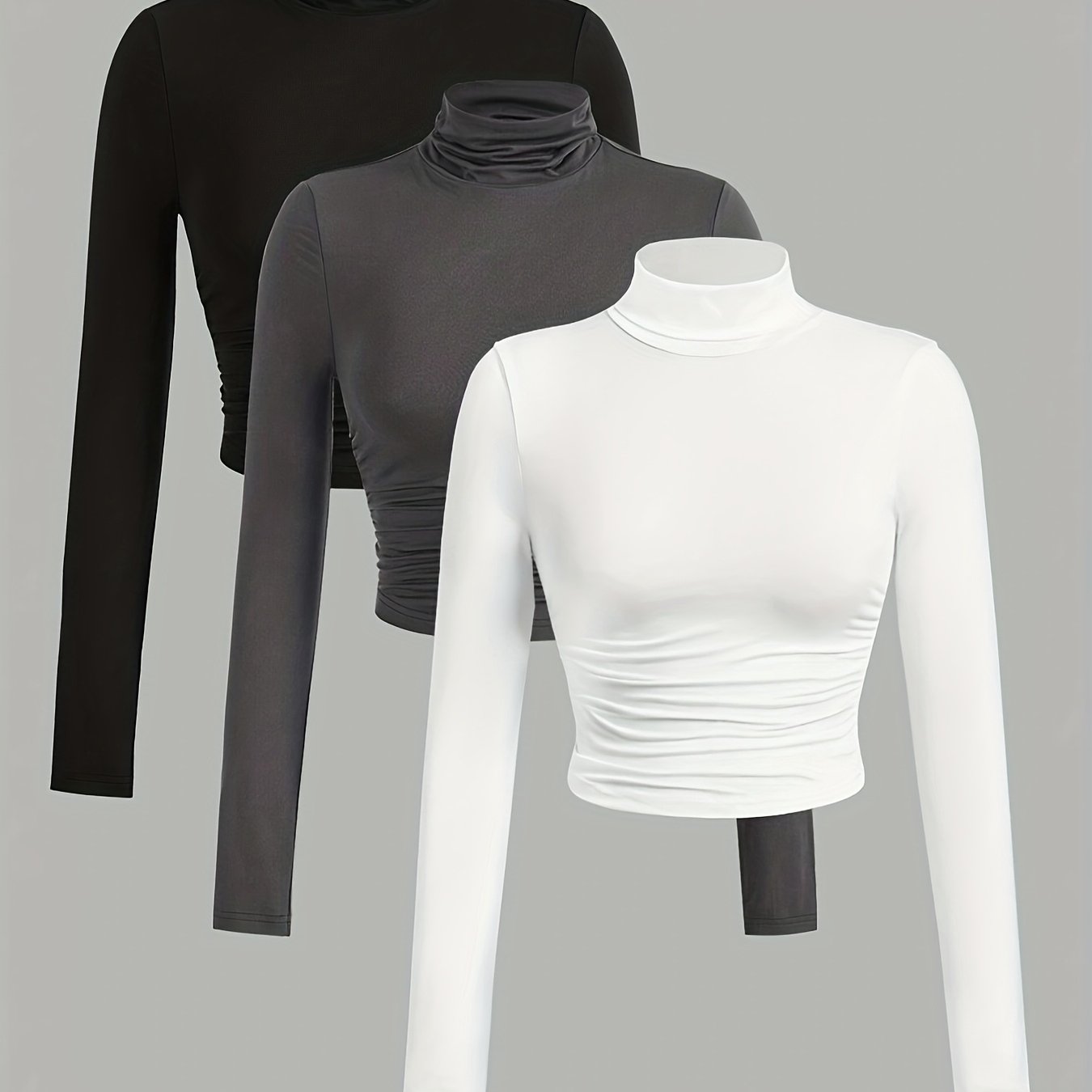 Lot de 3 Tops Femme Col Montant Manches Longues – Couleurs Unie Noir, Blanc et Gris