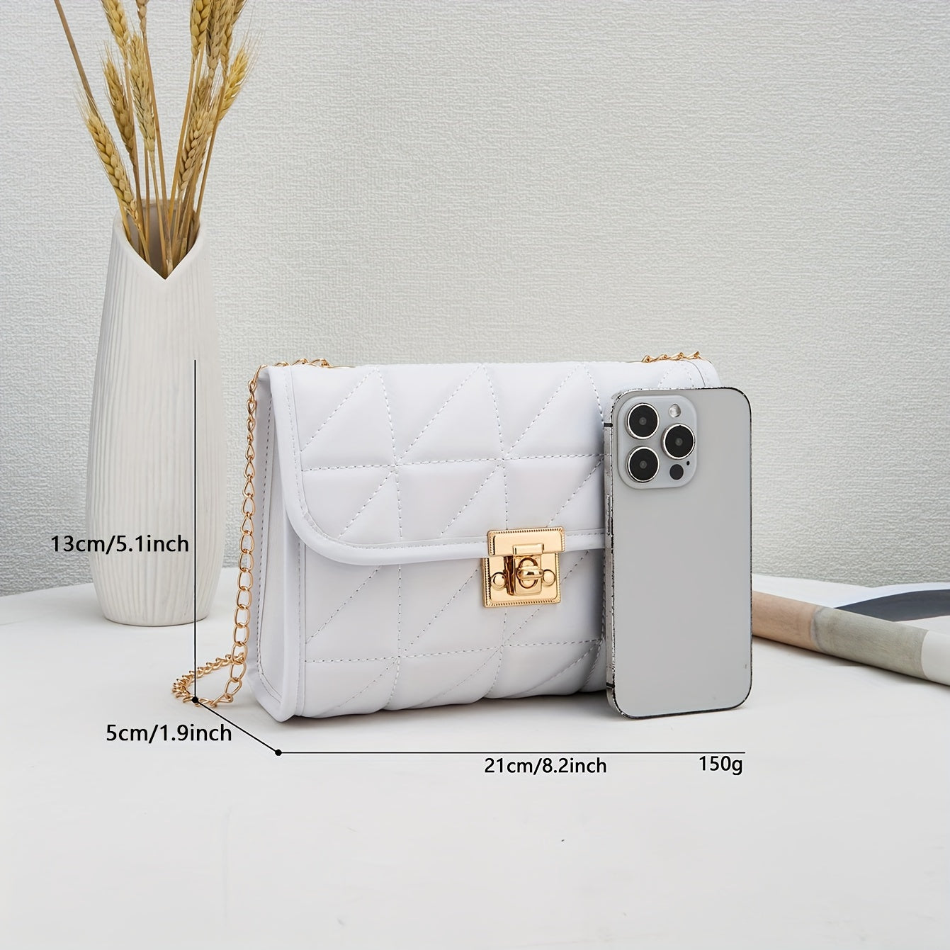 Sac Bandoulière Matelassé Élégant – Sangle Chaîne, Fermeture Simple à Loquet, Sac Épaule Décontracté Couleur Unie