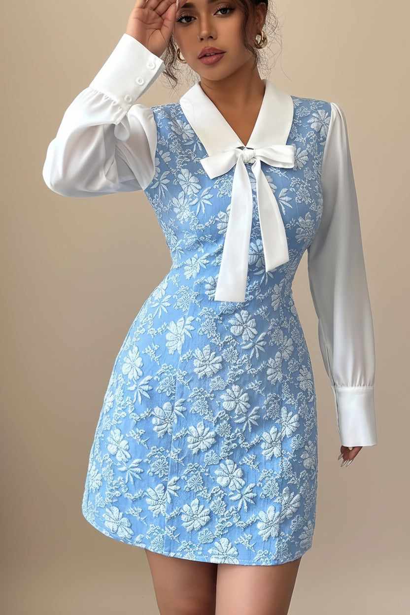 Robe longue élégante à manches longues et taille nouée, patchwork jacquard, collection printemps
