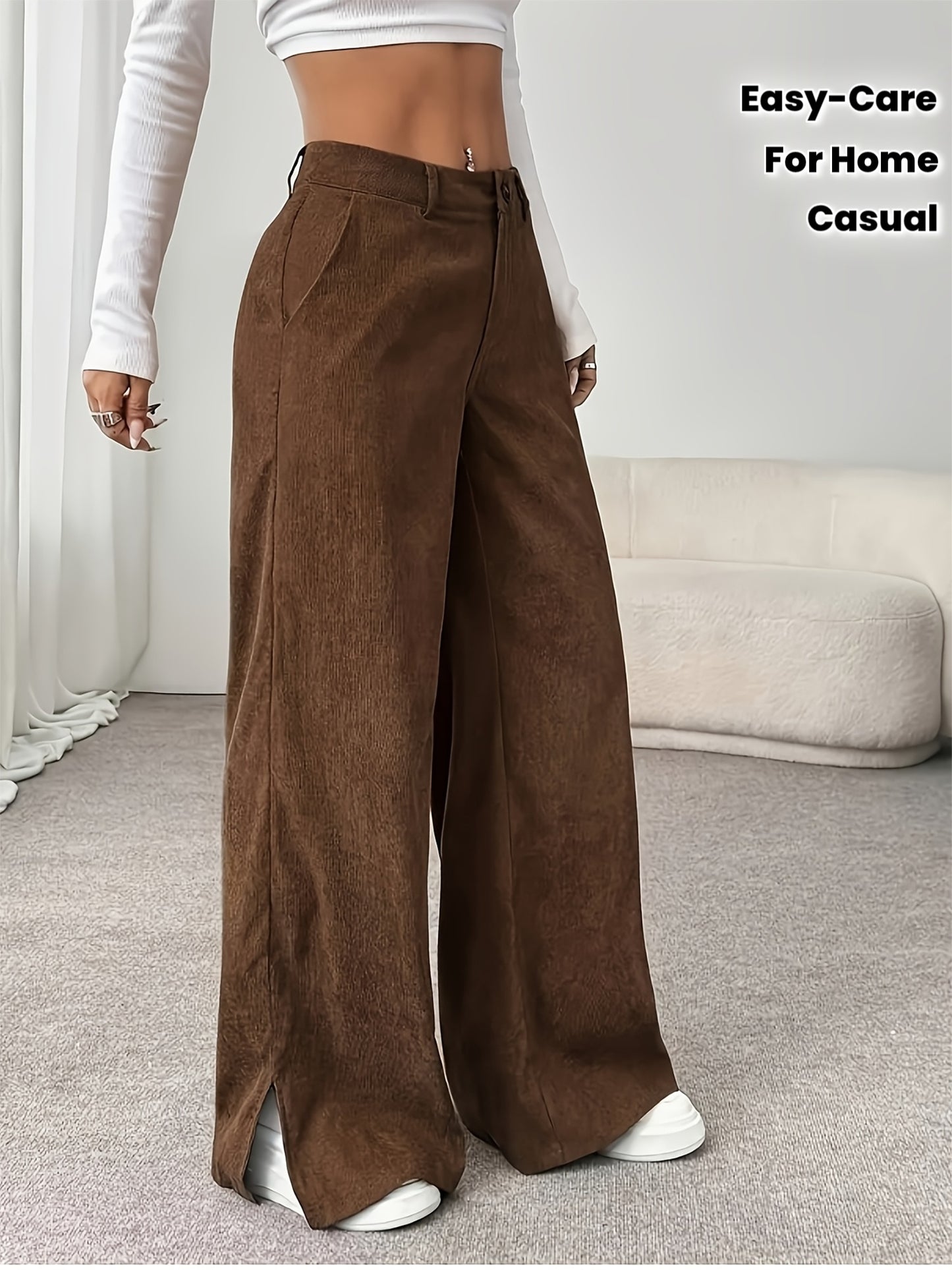 Pantalon Femme Décontracté Jambe Large – Poches Latérales, Tous Saisons, Bureau et Décontracté