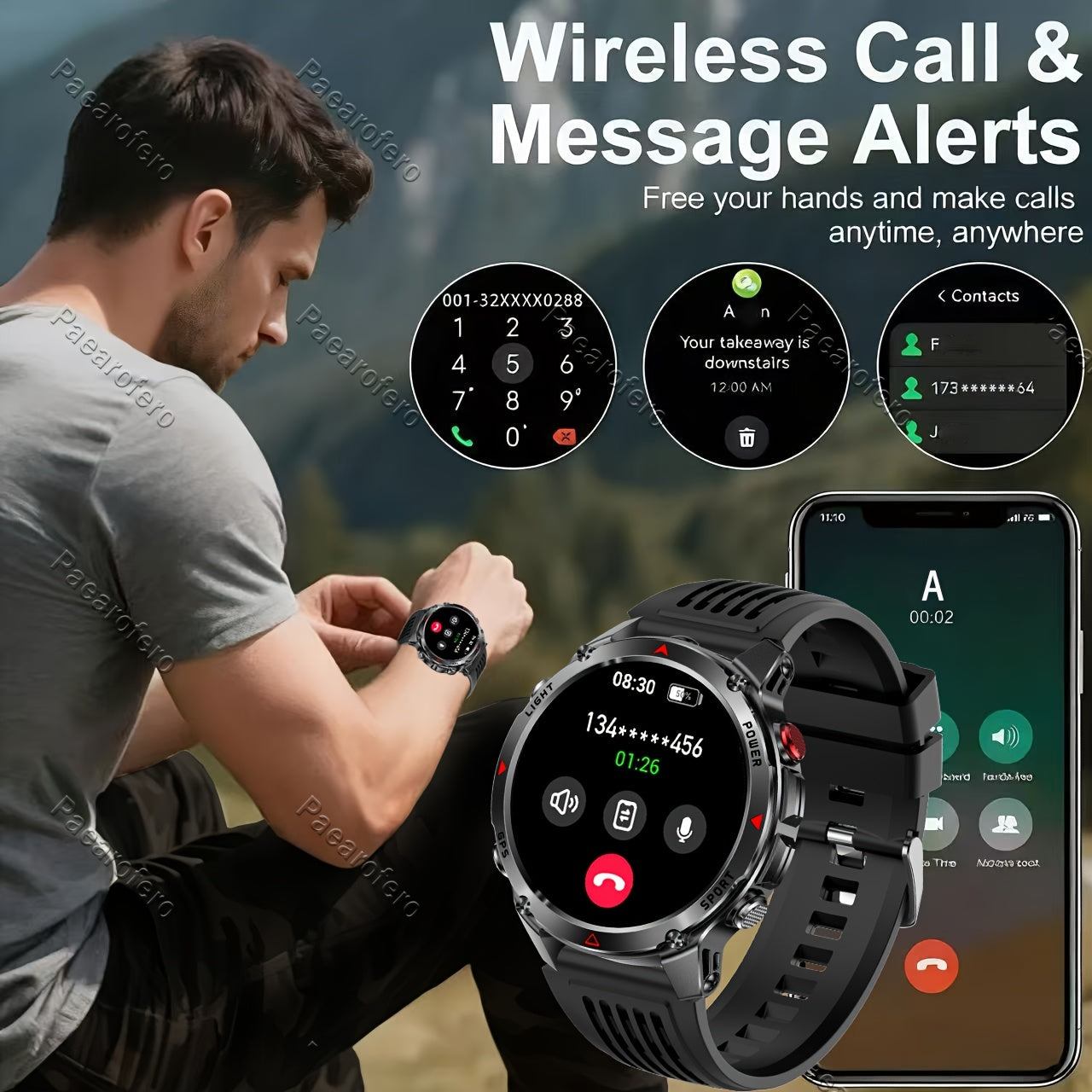 2025 new GPS smartwatch with flashlight, full touch screen, wireless calling, music playback, for iPhone/Android, equipped with GPS, compass, altimeter, barometer, calendar, calculator, calorie pedometer, fitness tracker, swi