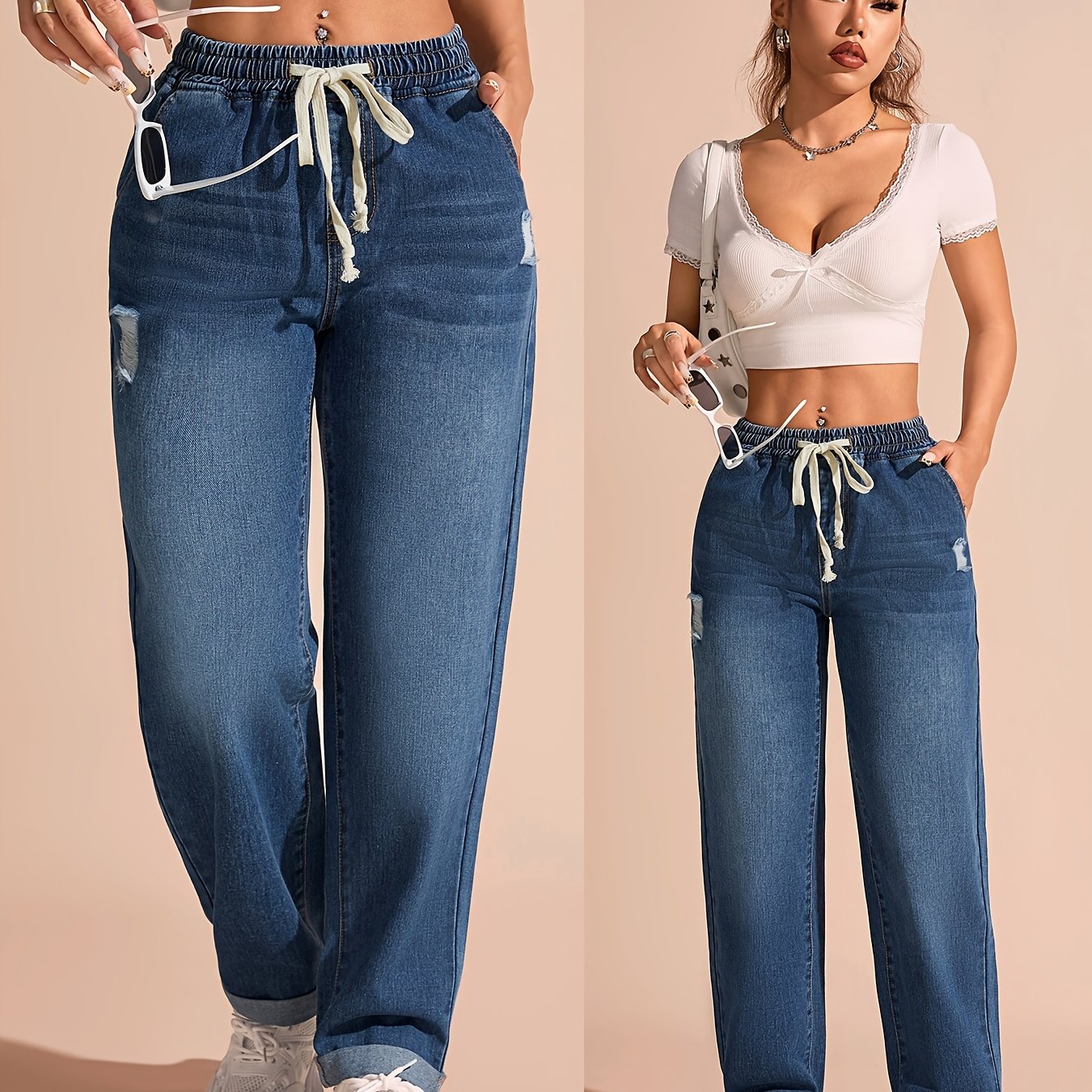 Jeans Femme Taille Haute Denim Cordon Détail Déchiré Jambe Droite Bleu Clair Confort Toute Saison Décontracté