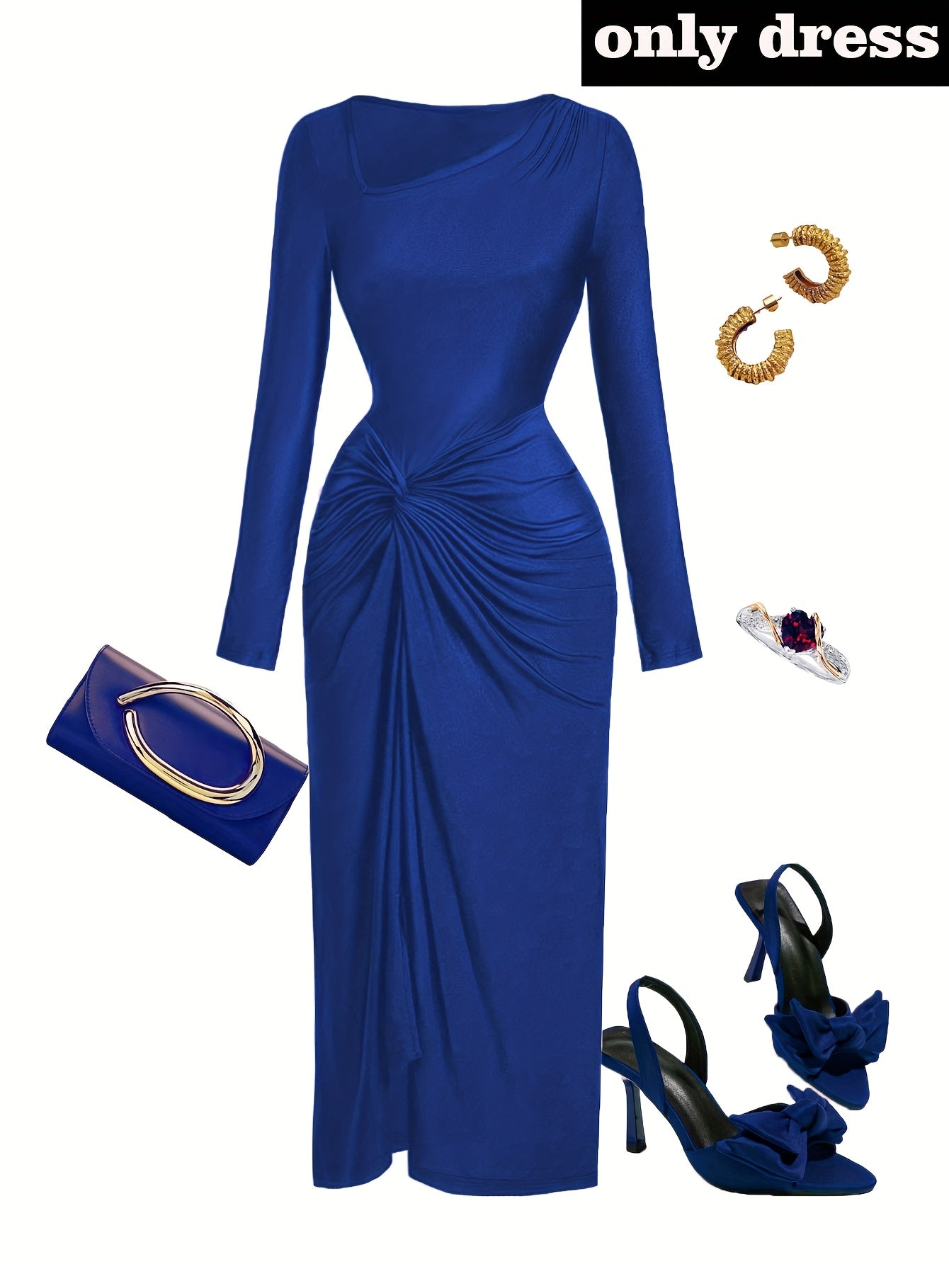 Robe Femme Élégante à Col Irrégulier — Manches Longues, Couleur Unie, Parfaite pour Soirées, Sorties et Rendez-vous