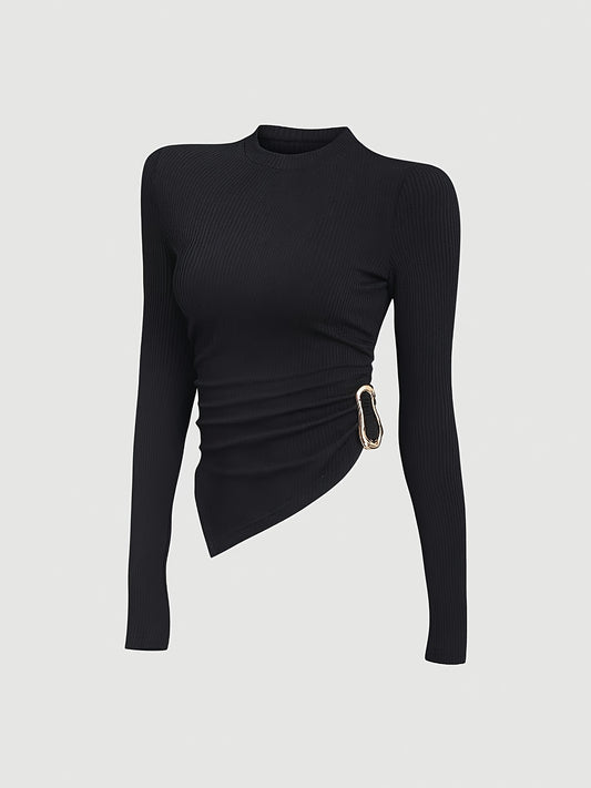 T-shirt Femme Sexy Manches Longues – Moulant Extensible, Ourlet Asymétrique, Tissu Non Transparent, Idéal Automne/Hiver, Tenue Formelle et Quotidienne, Style Élégant et Moderne, Matière Confortable