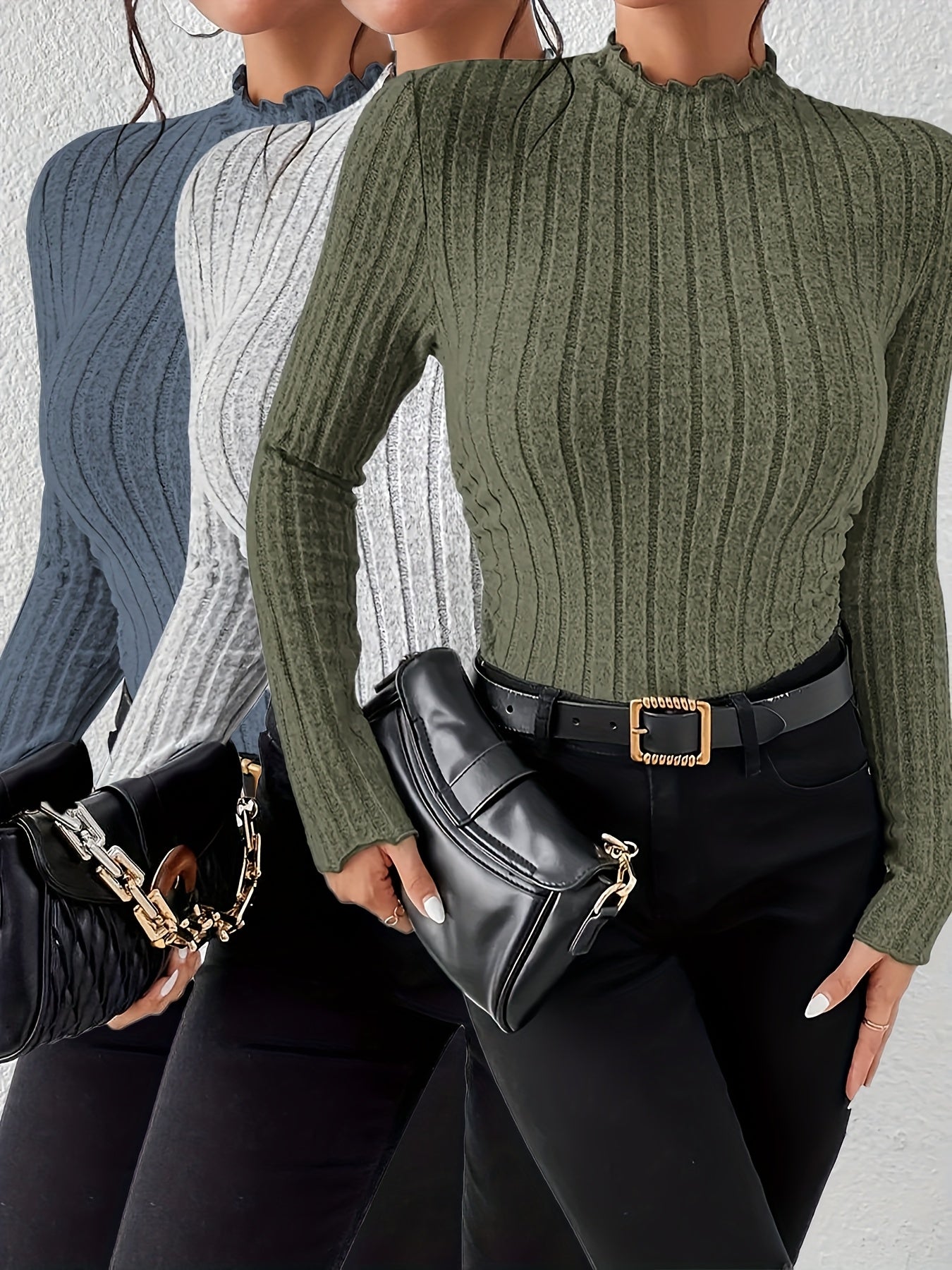 Lot de 3 T-shirts élégants pour femmes – Col montant, manches longues, col rond, coupe régulière, couleur unie, collection automne/hiver, style casual