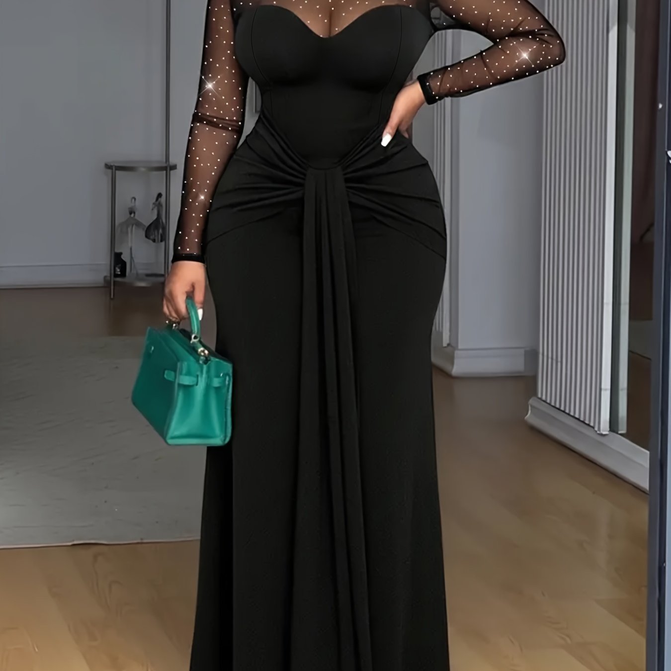 Elegant High Neck Mesh Panel Long Sleeve Bodycon Dress | Solid Color, Contrast Mesh Detail, Knee-Length, Waist Design, Fish Tail Skirt for Spring/Fall