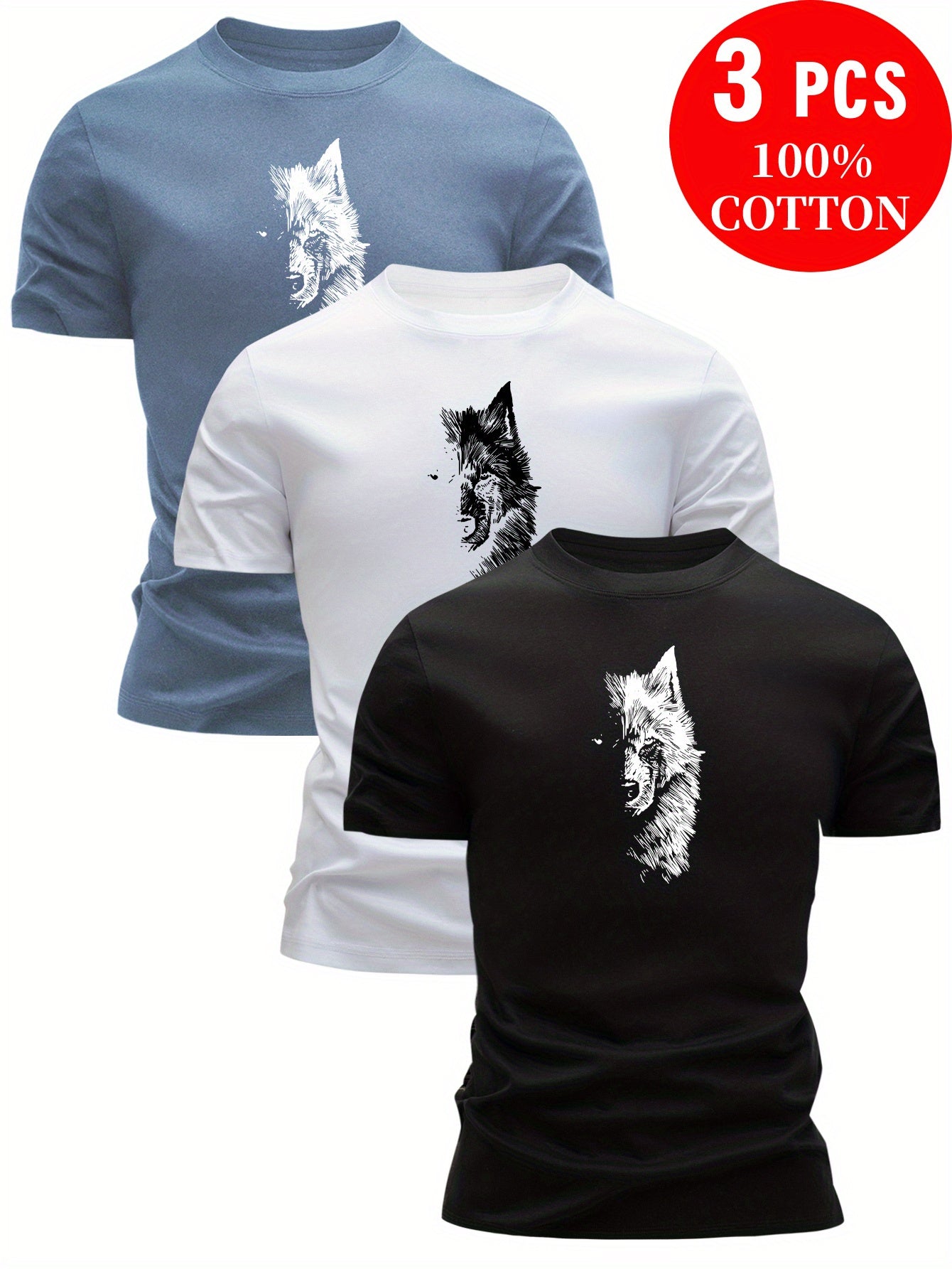 3pcs 100% Cotton T-Shirts with Wolf Graphic, Casual Crew Neck in Multiple Colors for Men