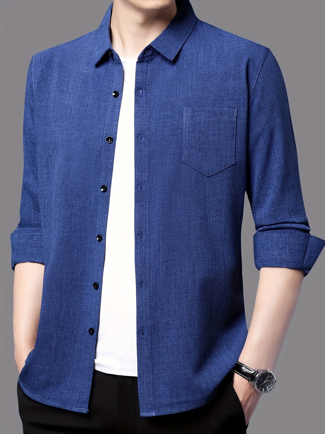 Men's Breathable Long Sleeve Shirt - Black, Button-Up Collar Design with Chest Pocket, Lightweight & Moisture-Wicking Fabric for Casual Wear, Perfect for Spring & Summer, Breathable Apparel | Classic Buttonup Shirt | Nonstret