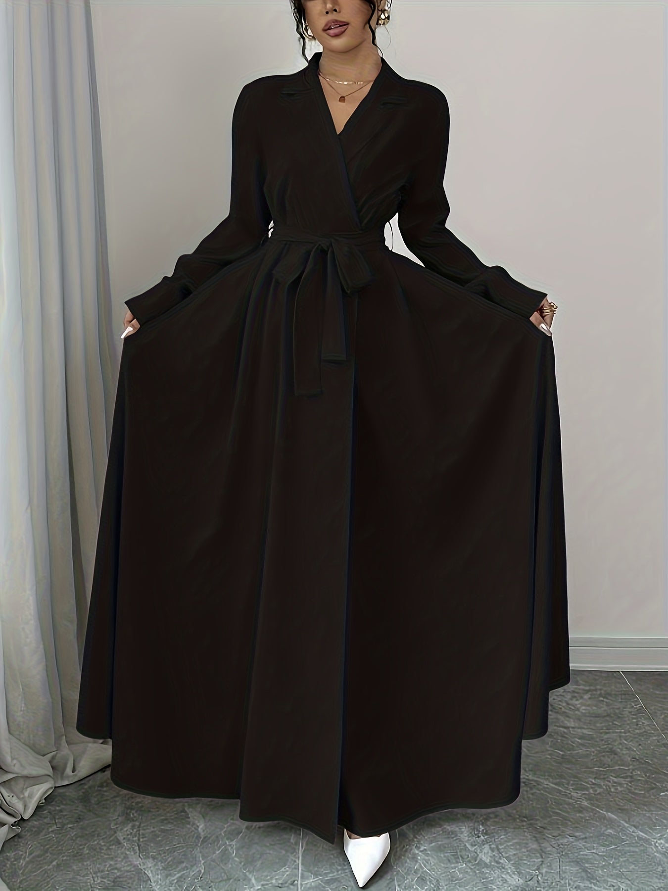 Women's Elegant A-Line Maxi Dress with Collar & Lace-Up Waist - Solid Color Formal Wedding Party Dress, Long Sleeve Flowing Flared, Machine Washable (Elegant Special Line Collection)