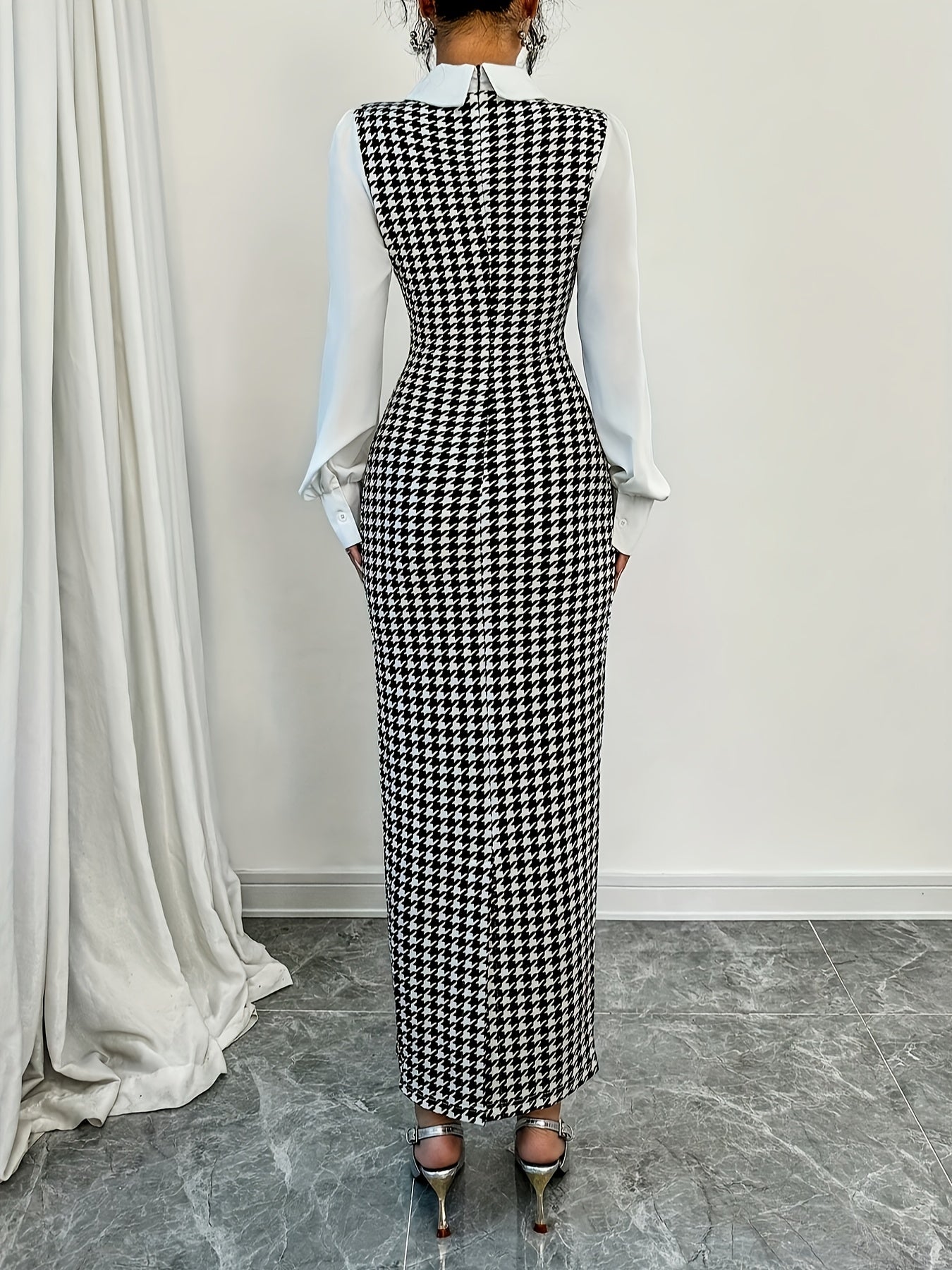 Ladies' Elegant Houndstooth Slim-Fit Lantern Sleeve Dress