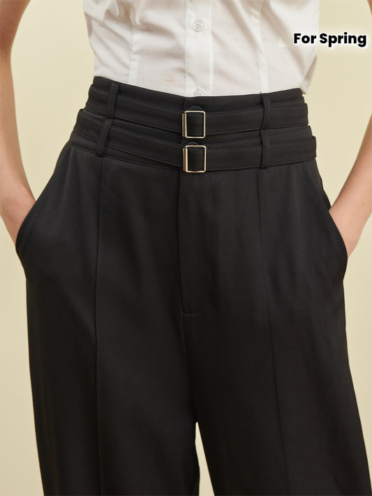 Pantalon Femme Taille Haute – Jambe Évasée, Noir Uni, Double Ceinture, Poches, Bureau et Décontracté, Printemps