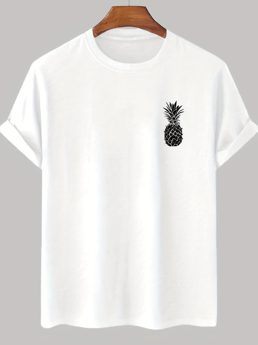 Men'S Casual Short Sleeve T-Shirt - Pineapple Print, Soft Breathable Cotton, Regular Fit Round Neck, Classic Basic Style for Casual Attire, Comfortable Clothing | Round Neck Tshirt | Soft Fabric Tee, T Shirt