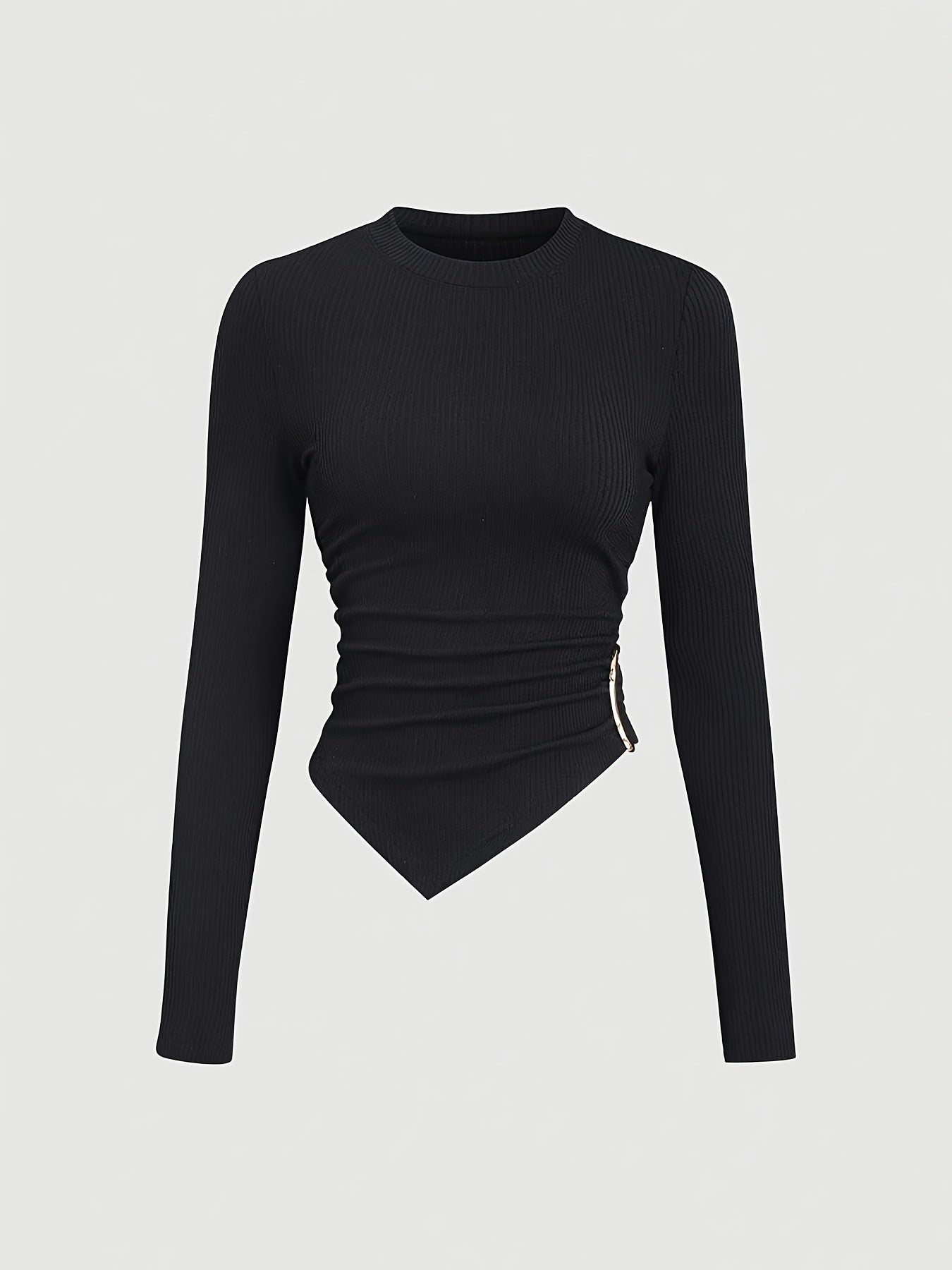 T-shirt Femme Sexy Manches Longues – Moulant Extensible, Ourlet Asymétrique, Tissu Non Transparent, Idéal Automne/Hiver, Tenue Formelle et Quotidienne, Style Élégant et Moderne, Matière Confortable