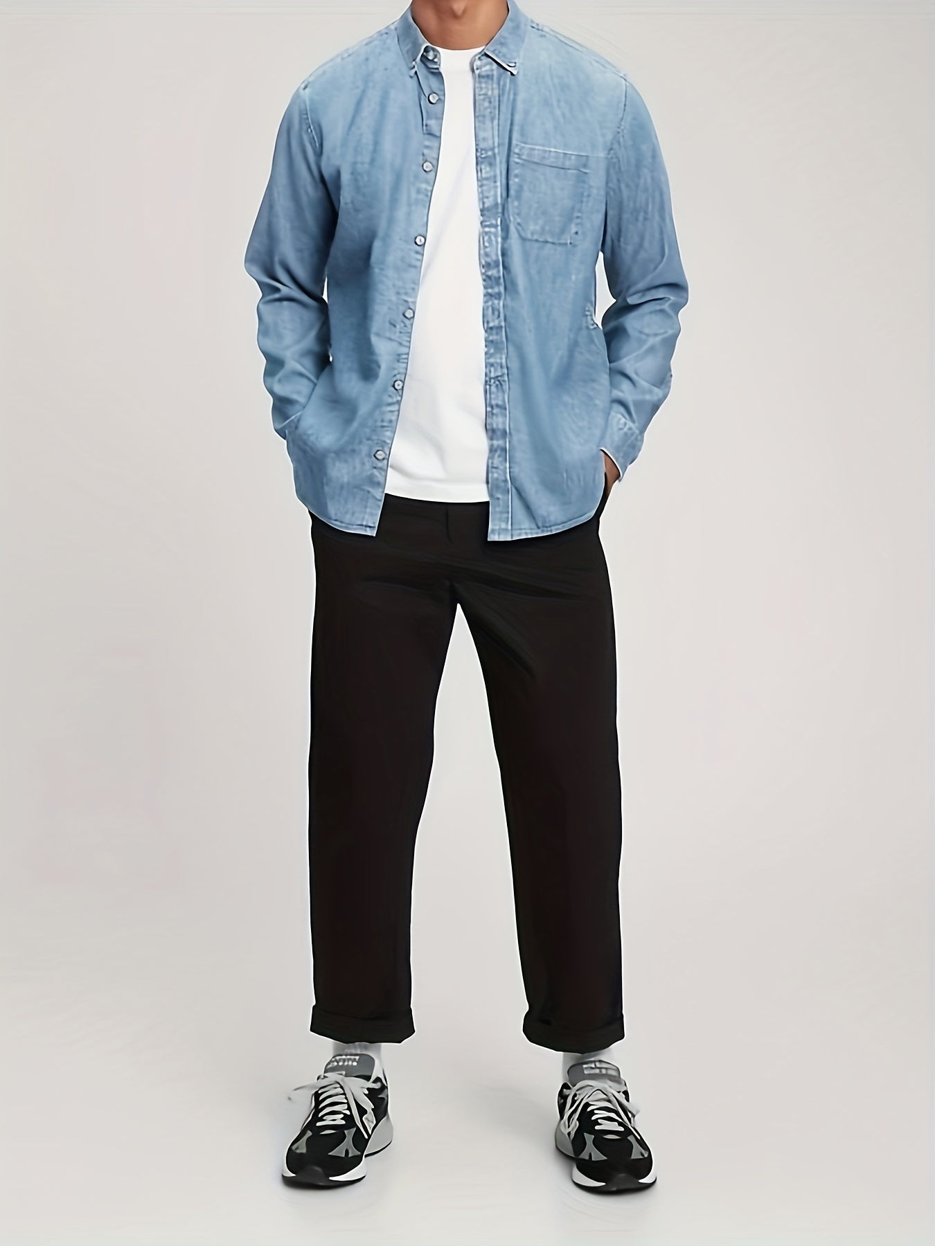 Plus Size Men's Solid Denim Shirt For Spring Fall, Casual Fashion Long Sleeve Shirt