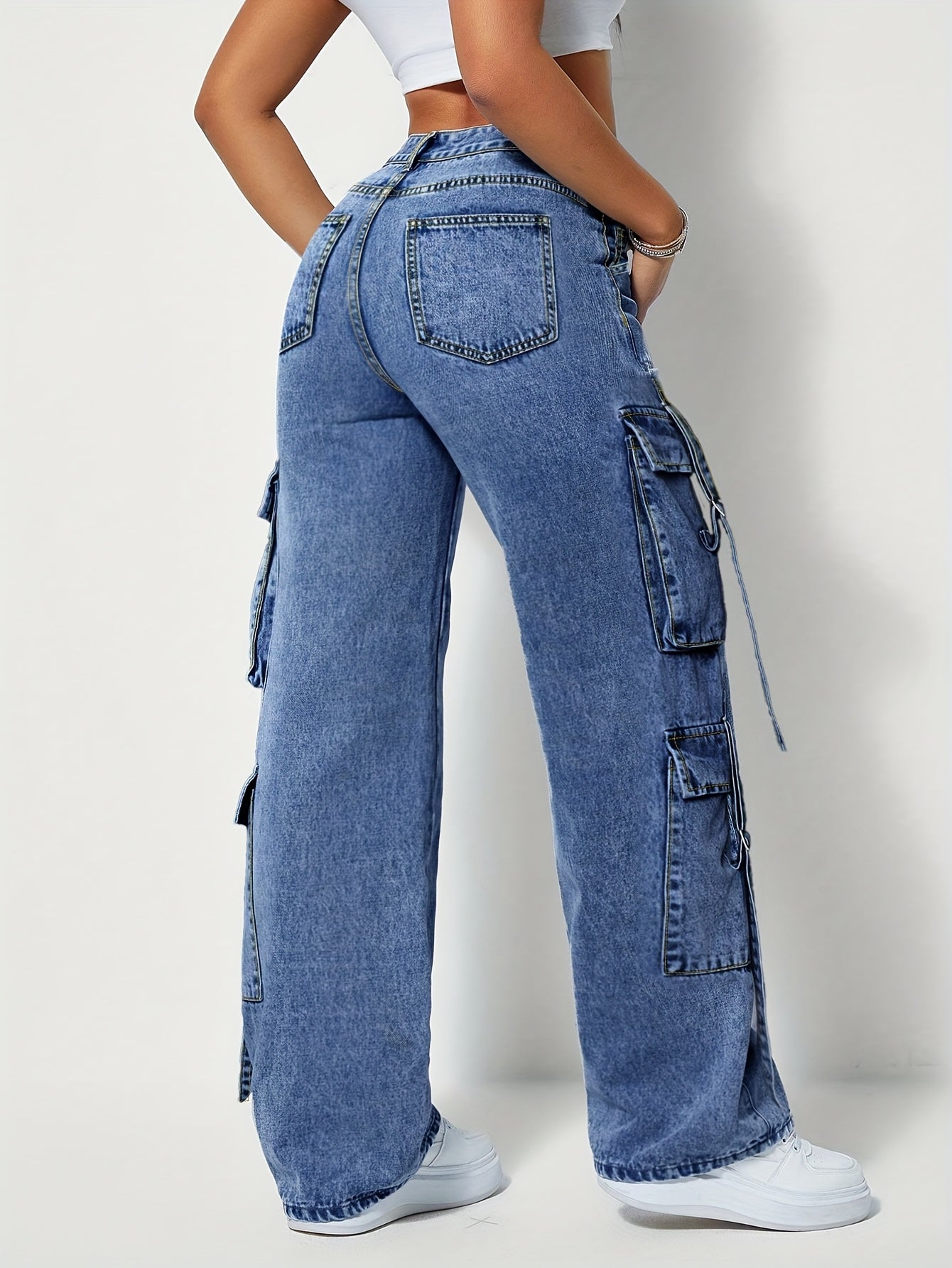 Jeans de travail extensibles taille haute pour femme grande taille – Pantalon cargo large, passants pour ceinture, poches multiples, fermeture à boutons, bleu résistant