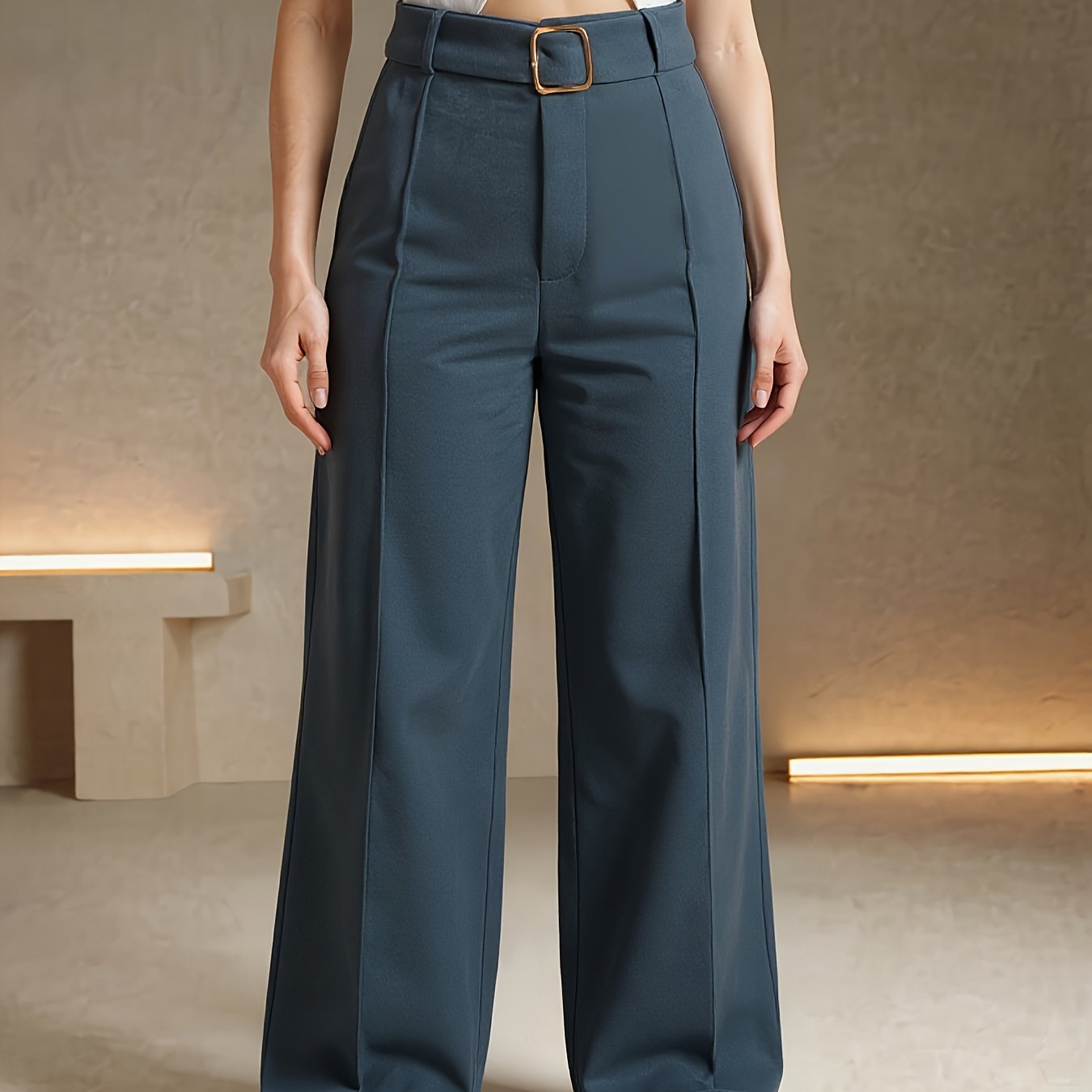 Pantalon Femme Taille Haute – Jambe Large Bleu Foncé, Ceinturé, Poches, Bureau et Décontracté, Tous Saisons