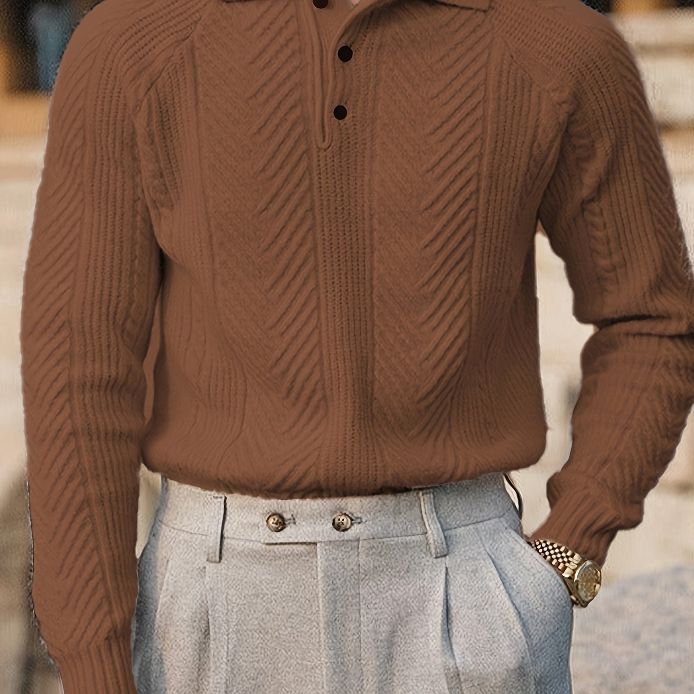 Men's Retro Heavyweight Cable Knit Shirt - Solid Color Regular Fit Long Sleeve Top with Collar & Half-Open Chest Design for Spring/Fall Casual Wear