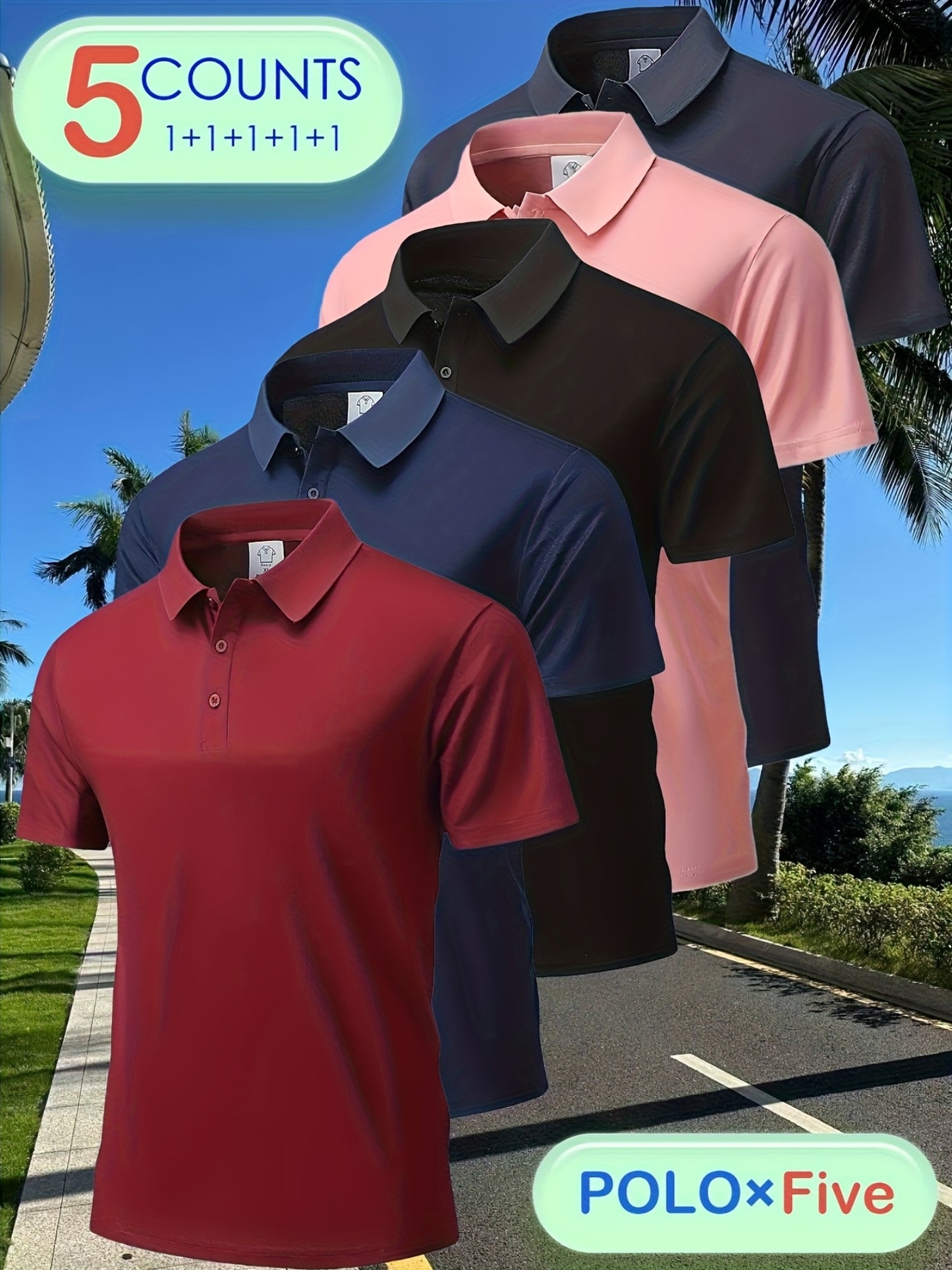 5pcs Men'S Polo Shirts - Elegant Solid Color, High-Quality Fabric, Short Sleeve, Button-Up Collar, Regular Fit, All-Season Wear for Business, Travel, Work, Dates, Home & Golf, Golf Attire | Stylish Polo Set | Durable Fabric