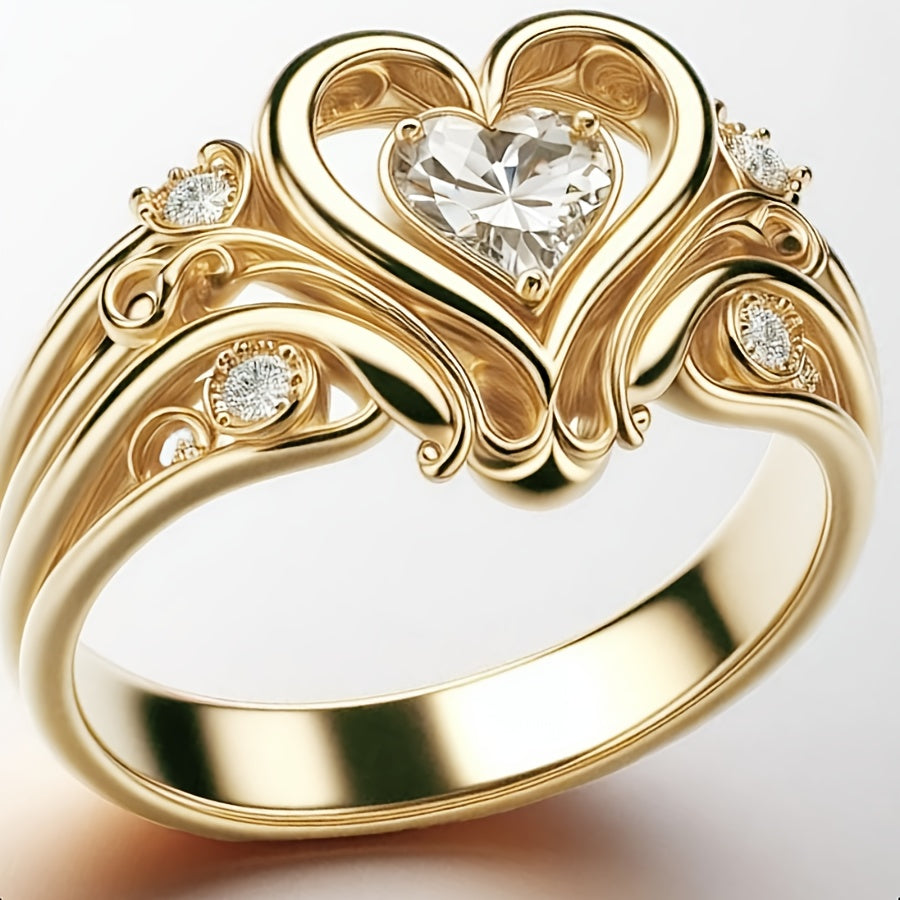 Elegant 18K Golden-Plated Heart-Shaped Copper Ring with Cubic Synthetic Zirconia - Perfect Gift for Valentine'S Day, Birthdays, Christmas & Anniversaries, Romantic Jewelry for Couples
