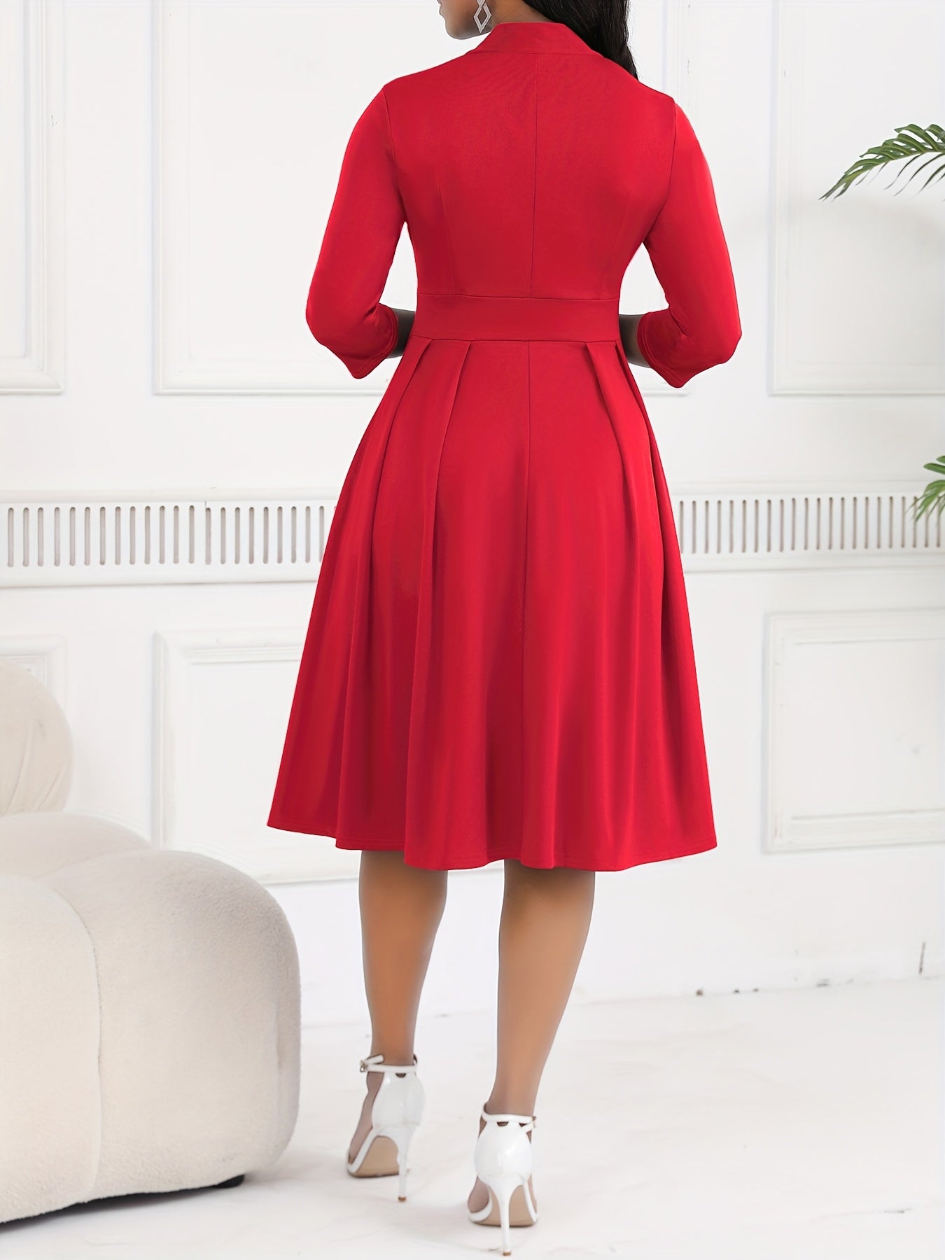 Spring/Autumn Women's Dress with Tie Waist, Elegant and Sophisticated, Business Workplace, Tie-Neck Navy Blue Midi Dress HRYY116