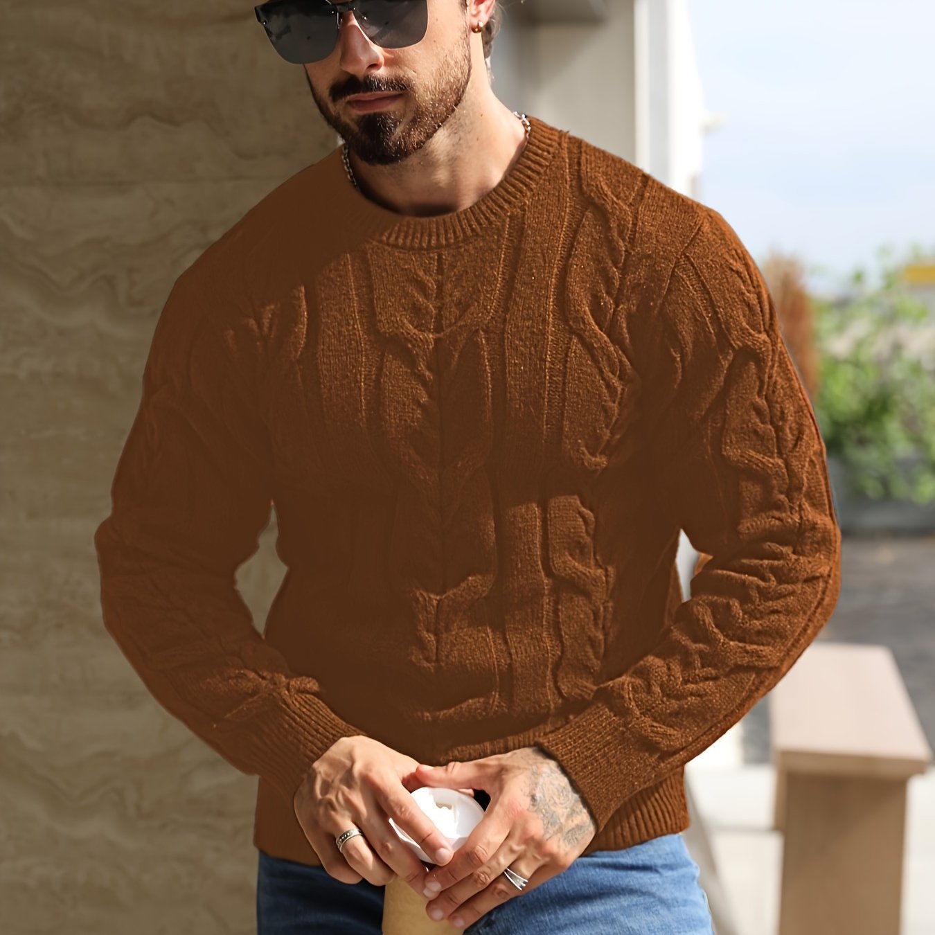 Men's Casual Striped Pullover Sweater - Soft Stretch Knit Crewneck Long Sleeve, Machine Washable H-Fit Ribbed Trim for Autumn Winter, Medium Elasticity Fabric