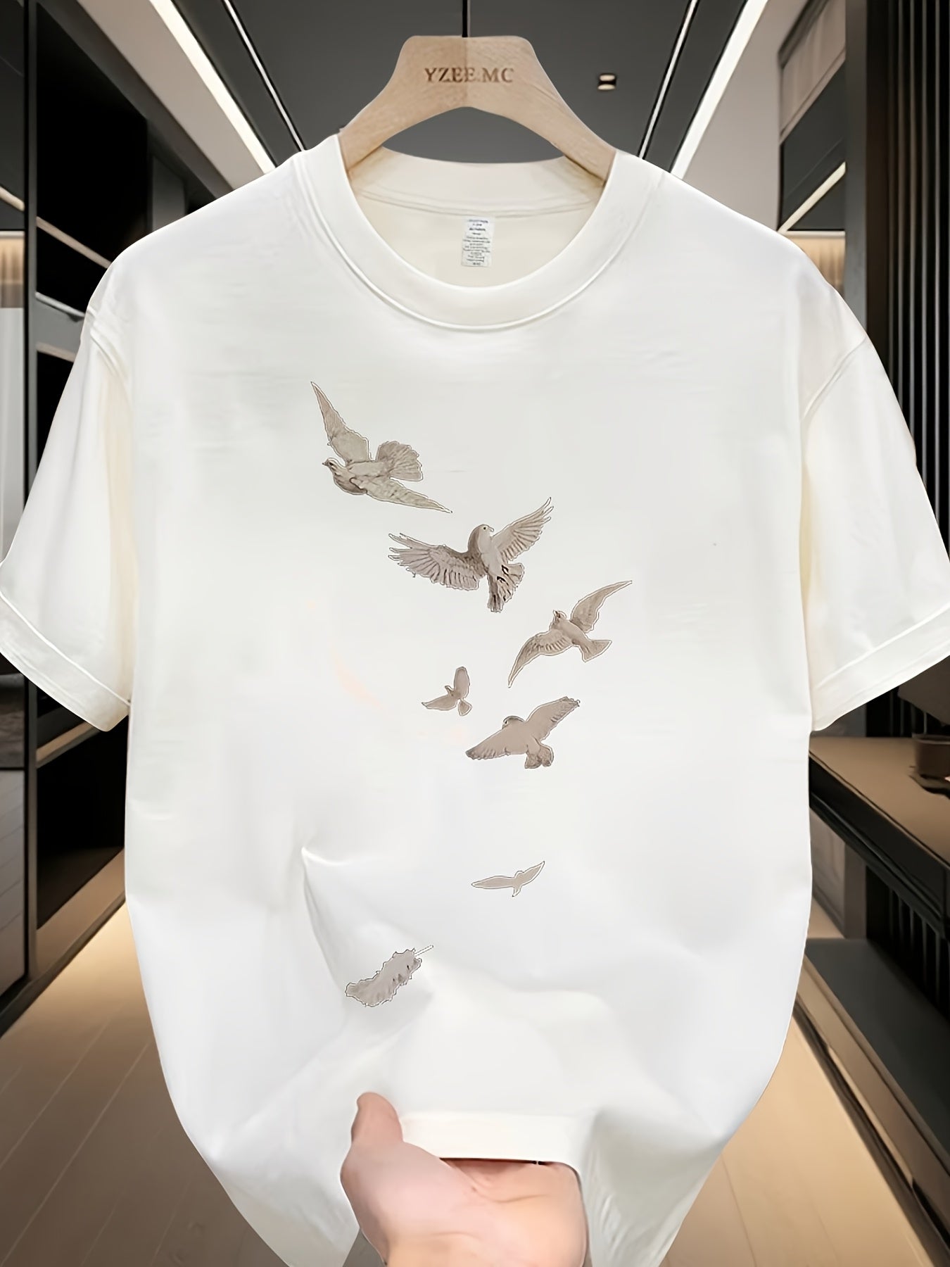 Men's Heavyweight 100% Cotton Oversized T-Shirt with White & Brown Bird Print - Summer Casual Round Neck Short Sleeve Relaxed Fit Large Size Breathable Casual Attire, Versatile Layering Essential for Men (Machine Washable) -