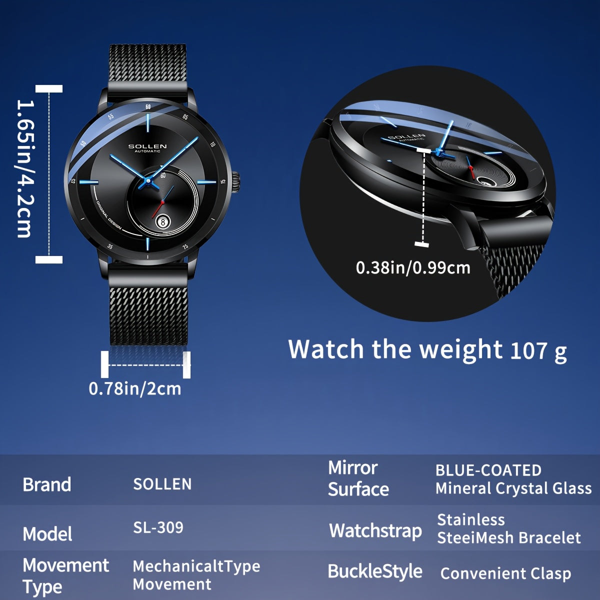 SOLLEN Men'S Automatic Mechanical Watch with Luminous Hands, Date Display & Calendar - Stainless Steel Strap, Skeleton Design, Mechanical Movement - Ideal for Birthdays, Valentine'S Day, Father'S Day, Wedding Anniversary Gift