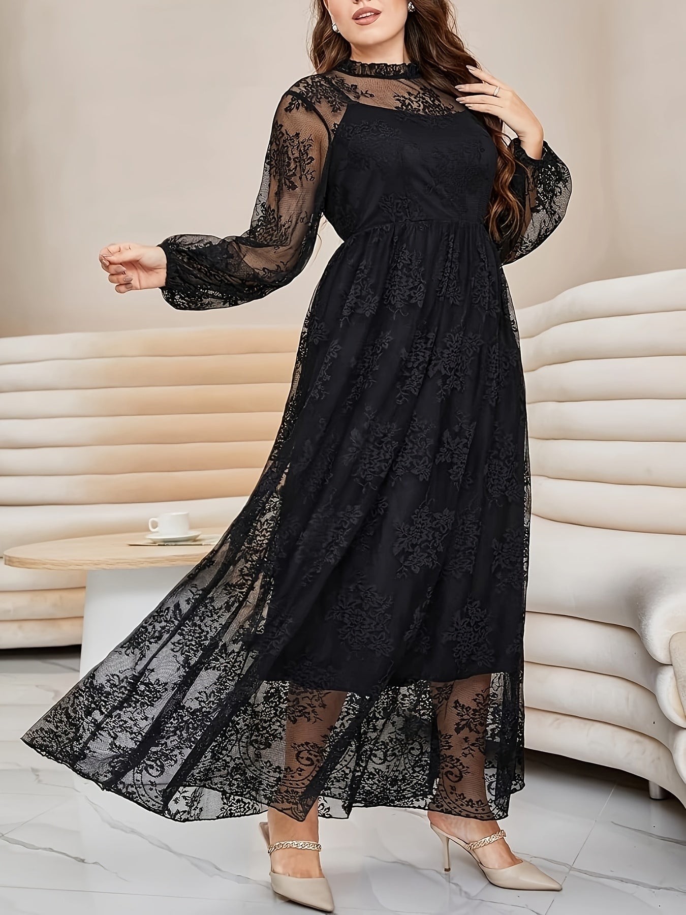 Robe Longue Grande Taille Élégante – Col Montant, Manches Lanternes, Bordure Dentelle, Coupe A-Ligne, Idéale Soirées, Mariages et Galas