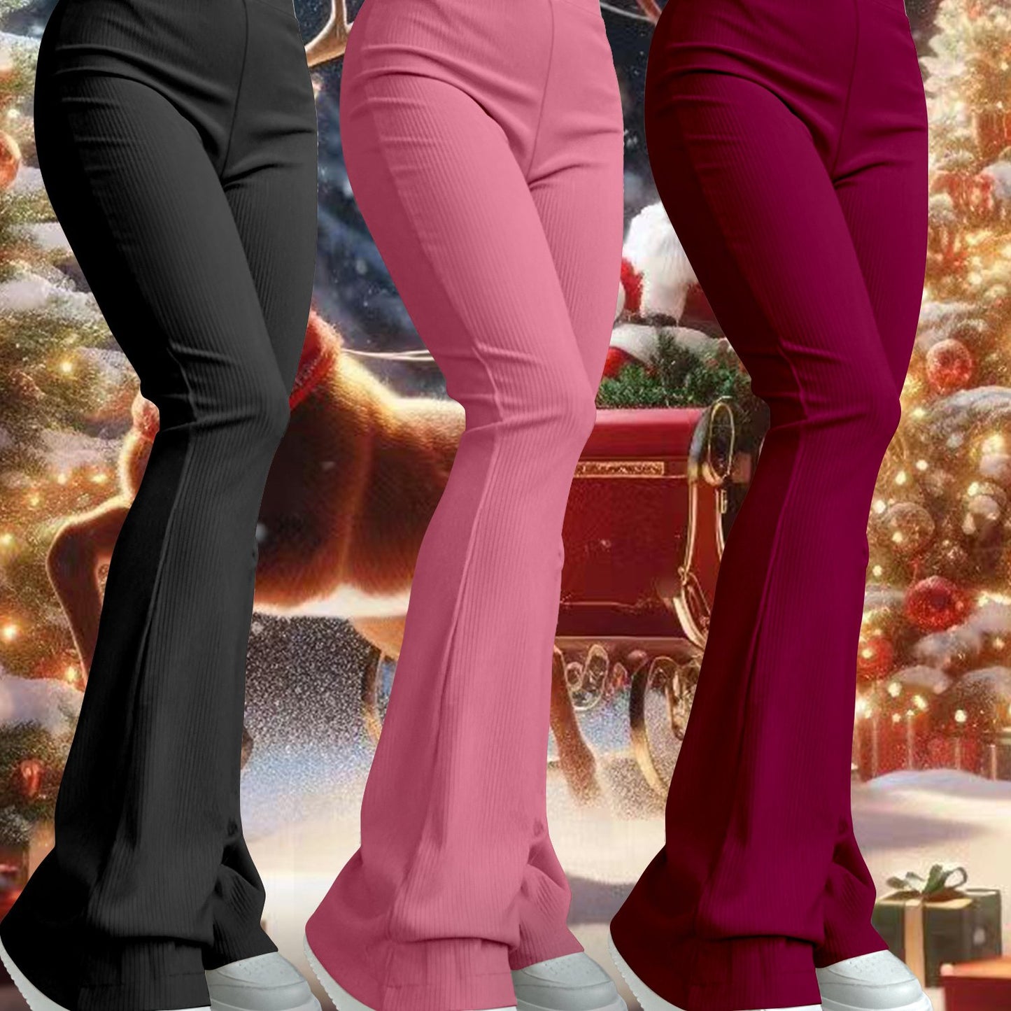 Ensemble Trois-Pièces Femme K11 – Pantalons Taille Haute Évasés, Couleur Unie, Extensibles