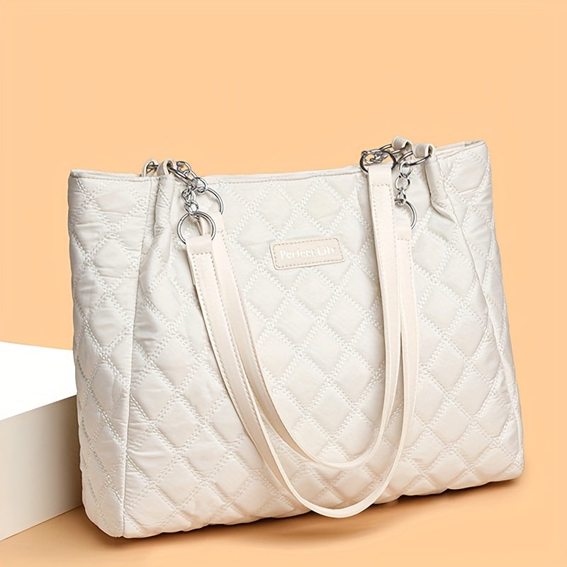 Sac fourre-tout élégant pour femmes – grande capacité, motif losange, nylon résistant, fermeture éclair, bandoulière fixe, idéal travail, voyage ou shopping