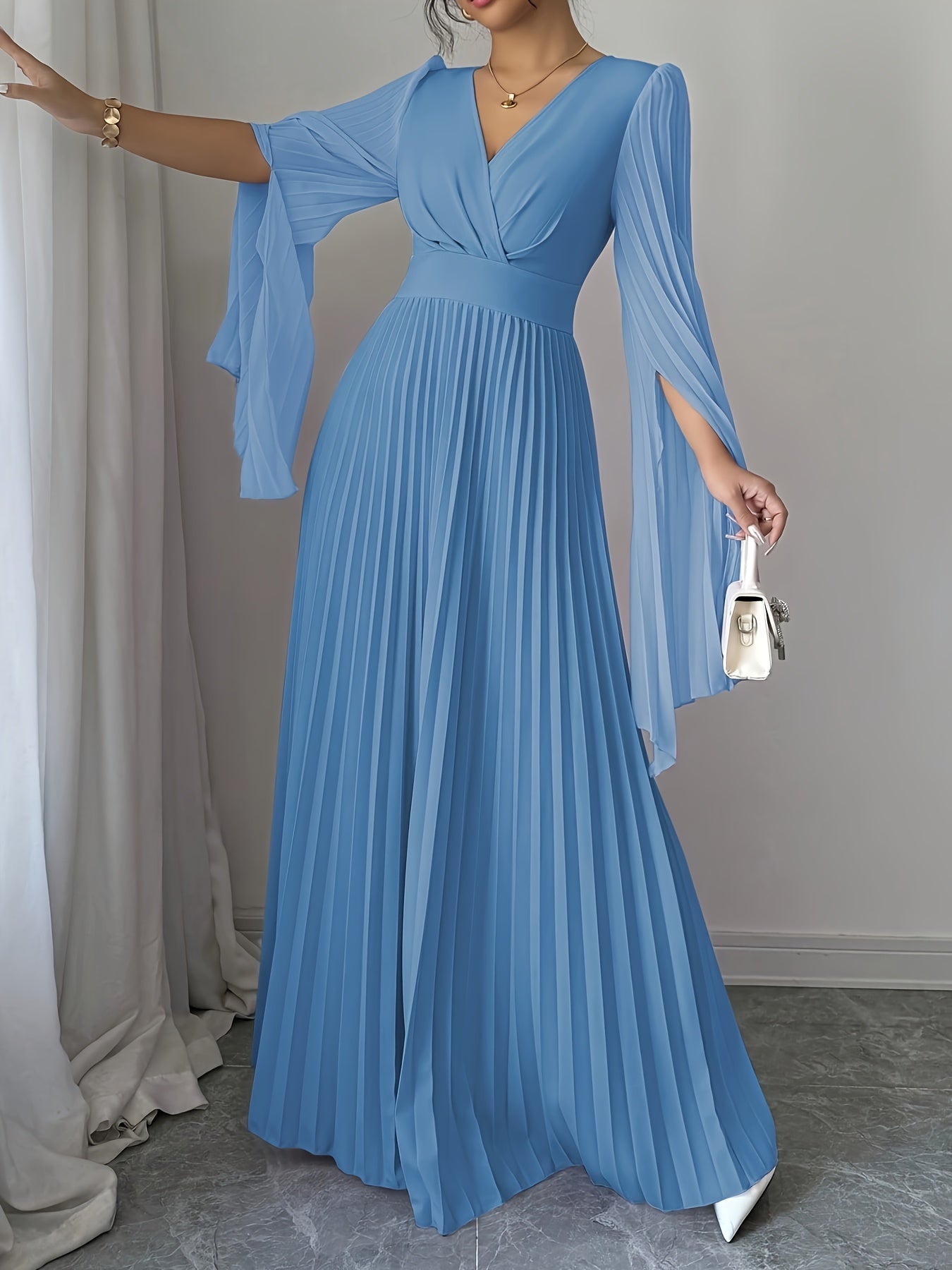 Elegant And Romantic Long Dress for Women with a V-Neck And Pleated Open Sleeves, Perfect for Parties, Gatherings, And Casual Occasions. This Solid Color, Waist-Cinching, Pleated Skirt Is a Fashionable And Versatile Choice fo