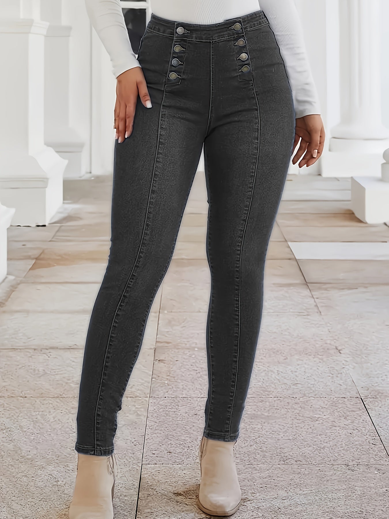 Jean skinny à boutons et plis piqués, pantalon en denim stretch moyen croisé style vintage, jean et vêtements en denim pour femme, idéal pour l'automne