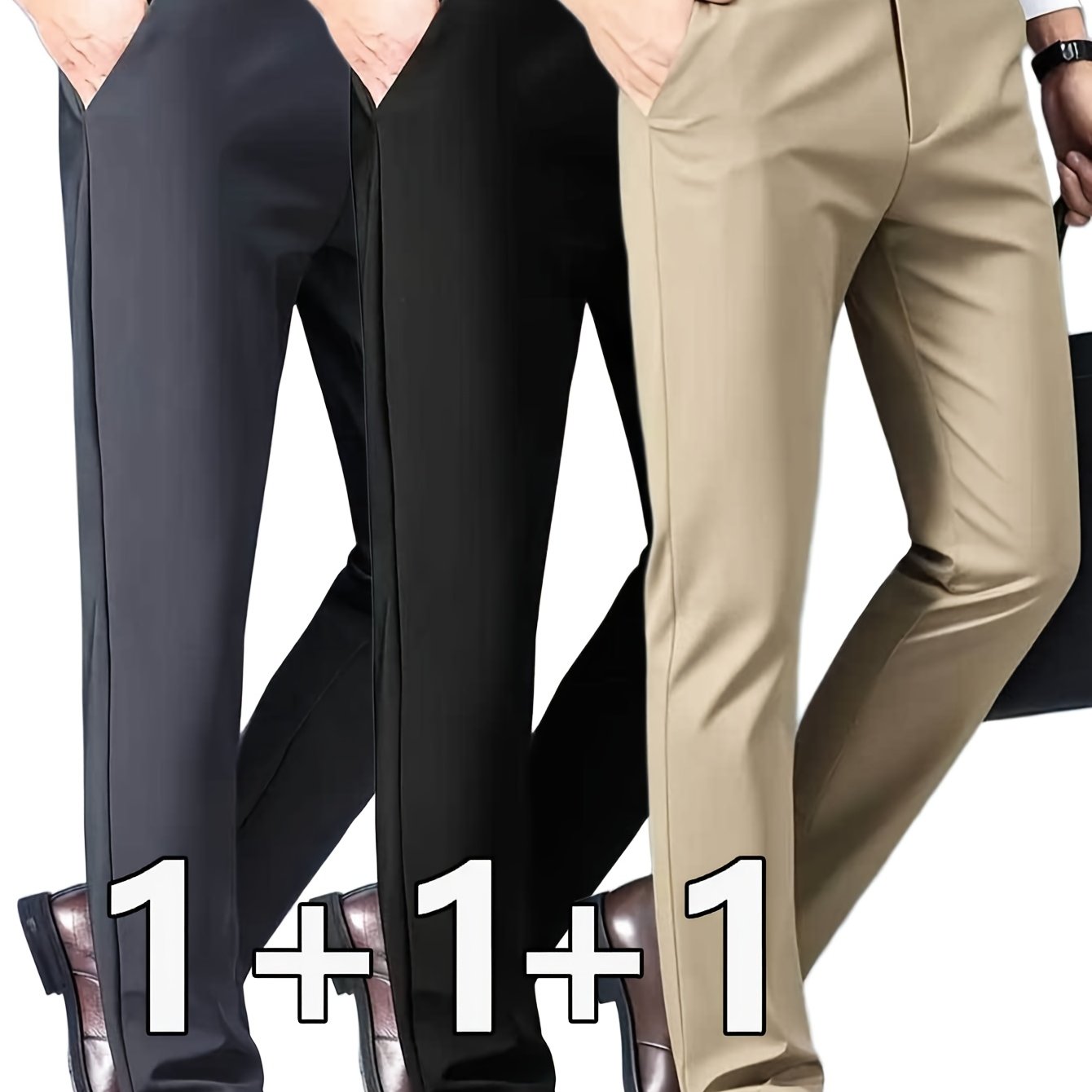 3pcs Pantalons Homme Classiques Stretch – Uni, Regular Fit, Tout Saison, Bureau & Casual