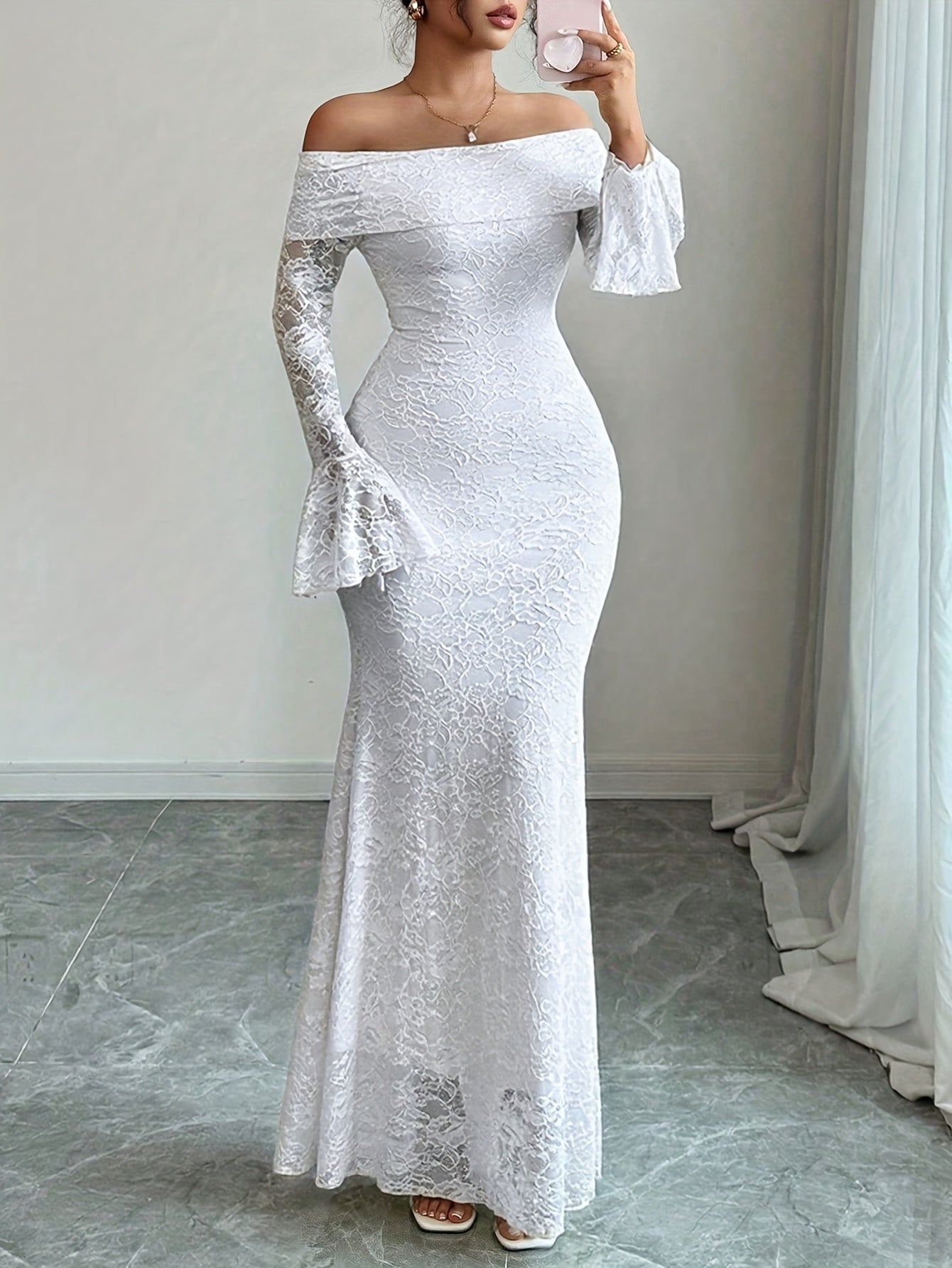 Elegant Off the Shoulder Long Dress with Contrast Lace Details | Women'S Sexy Bell Sleeves and Pendulum Style, Solid Color, Suitable for All Seasons