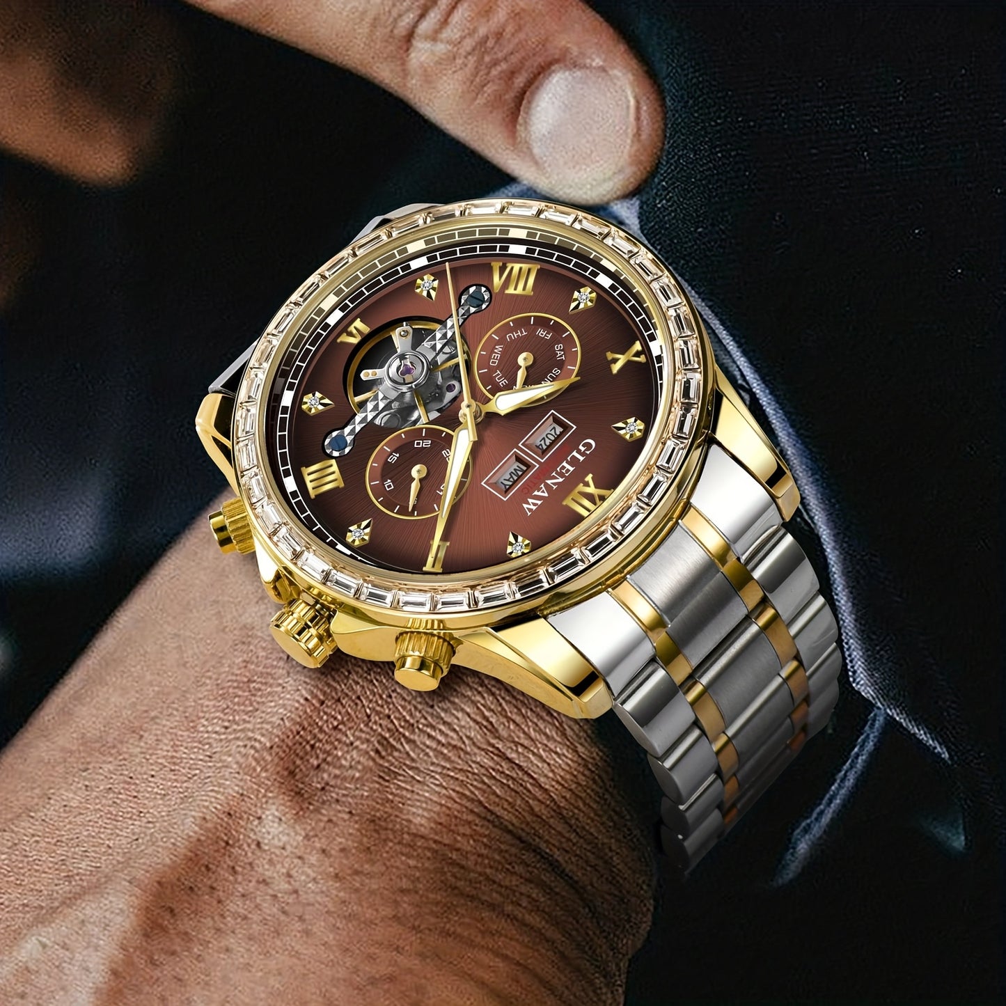 Men'S Automatic Mechanical Watch - Stainless Steel Band, Date Display, Perpetual Calendar, Rose Golden Hands, Zinc Alloy Case, Elegant Design for Everyday & Formal Wear, Formal Timepiece, Luxury Timepiece, Sophisticate