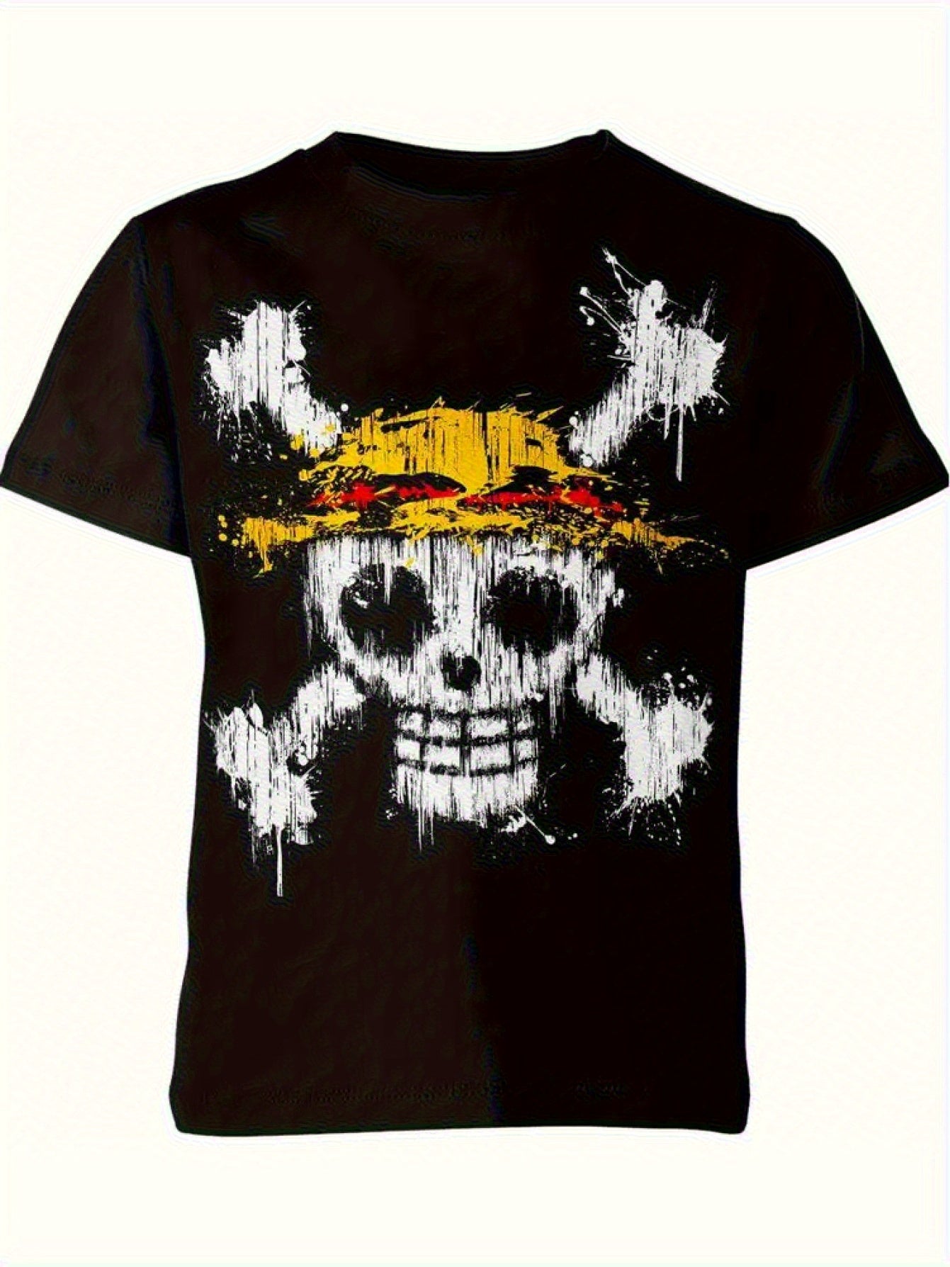Men'S Anime One Piece Pirate Skull & Hat Graphic T-Shirt - Black Crew Neck Casual Tee with White & Yellow Accents, All-Season Comfort for Cosplay, Streetwear & Casual Attire - Collectible Anime Apparel Gift for Fans