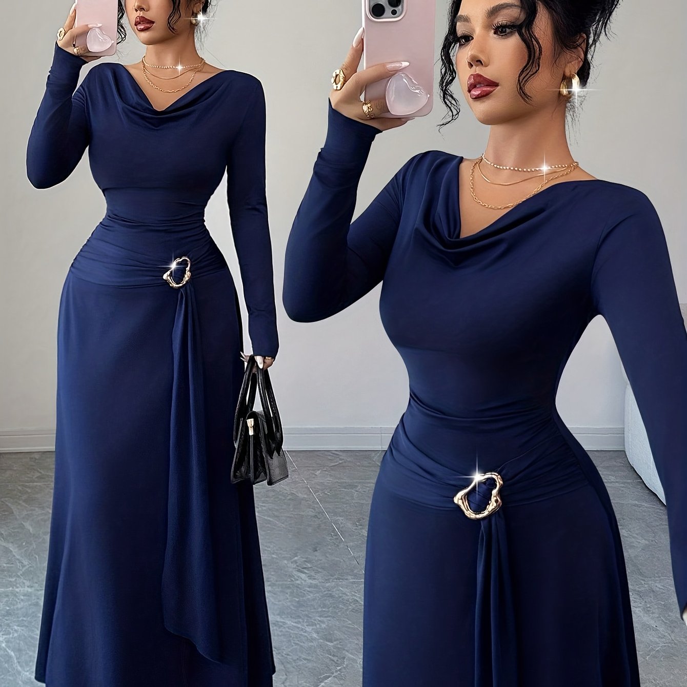 Women's Elegant Pile Neck Belted Wrinkle Dress - High-Elasticity Long Sleeve A-Line Maxi, Belted Waist Spring/Autumn Wedding Guest Party Attire, Machine Washable Solid Color Dress