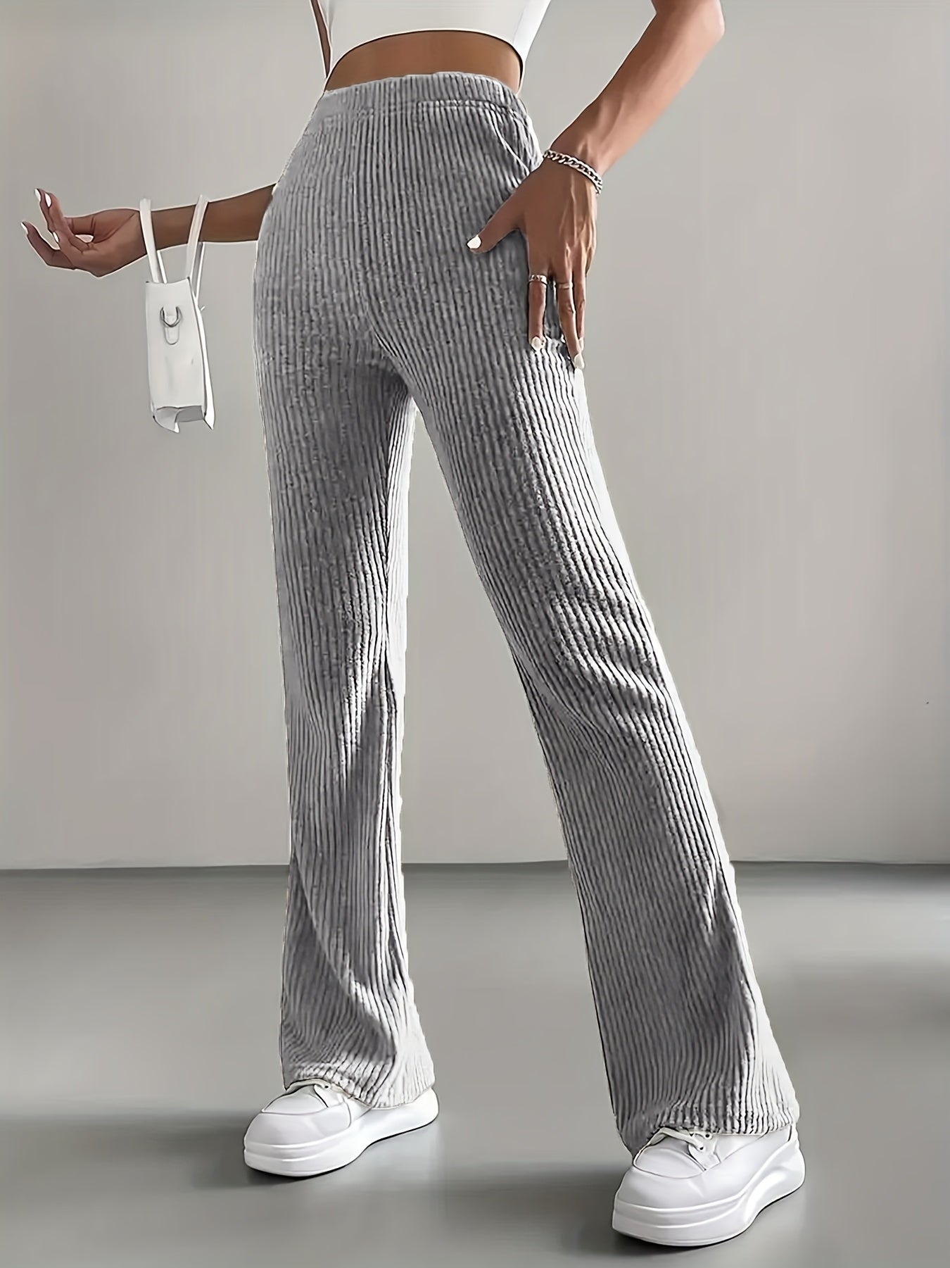 Lot de 3 Pantalons Automne-Hiver – Taille Élastique, Droits Évasés, Rayés et Côtelés, Look Minimaliste Élégant