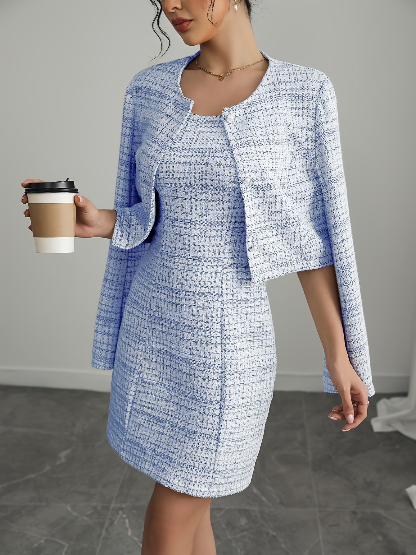 Ensemble chic femme – Mini-robe A-line en tweed + veste boutonnée, style coréen, look élégant