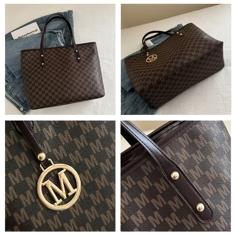 Grand sac cabas femme – style designer, cuir synthétique géométrique, bandoulière chaîne dorée détachable, monogramme "M", léger, idéal pour bureau, école ou shopping, couleurs café, beige, noir