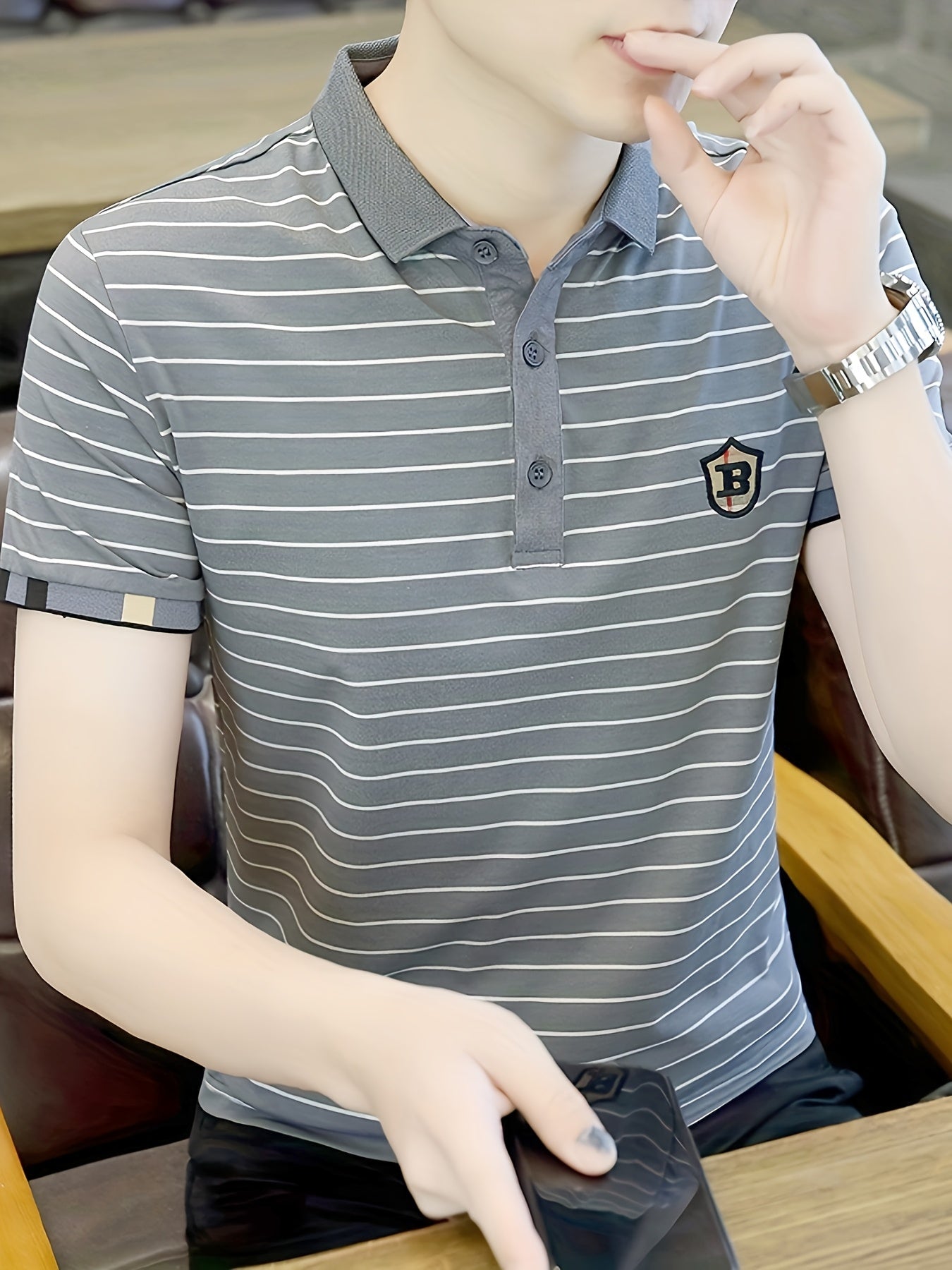 Men's Slim-Fit Black & White Striped Shirt with Golden Accent Collar & Chest Embellishment - Short Sleeve, Machine Washable, Tailored Casual & Semi-Formal Wear, Durable & Comfortable for Everyday Special Occasions, Versatile